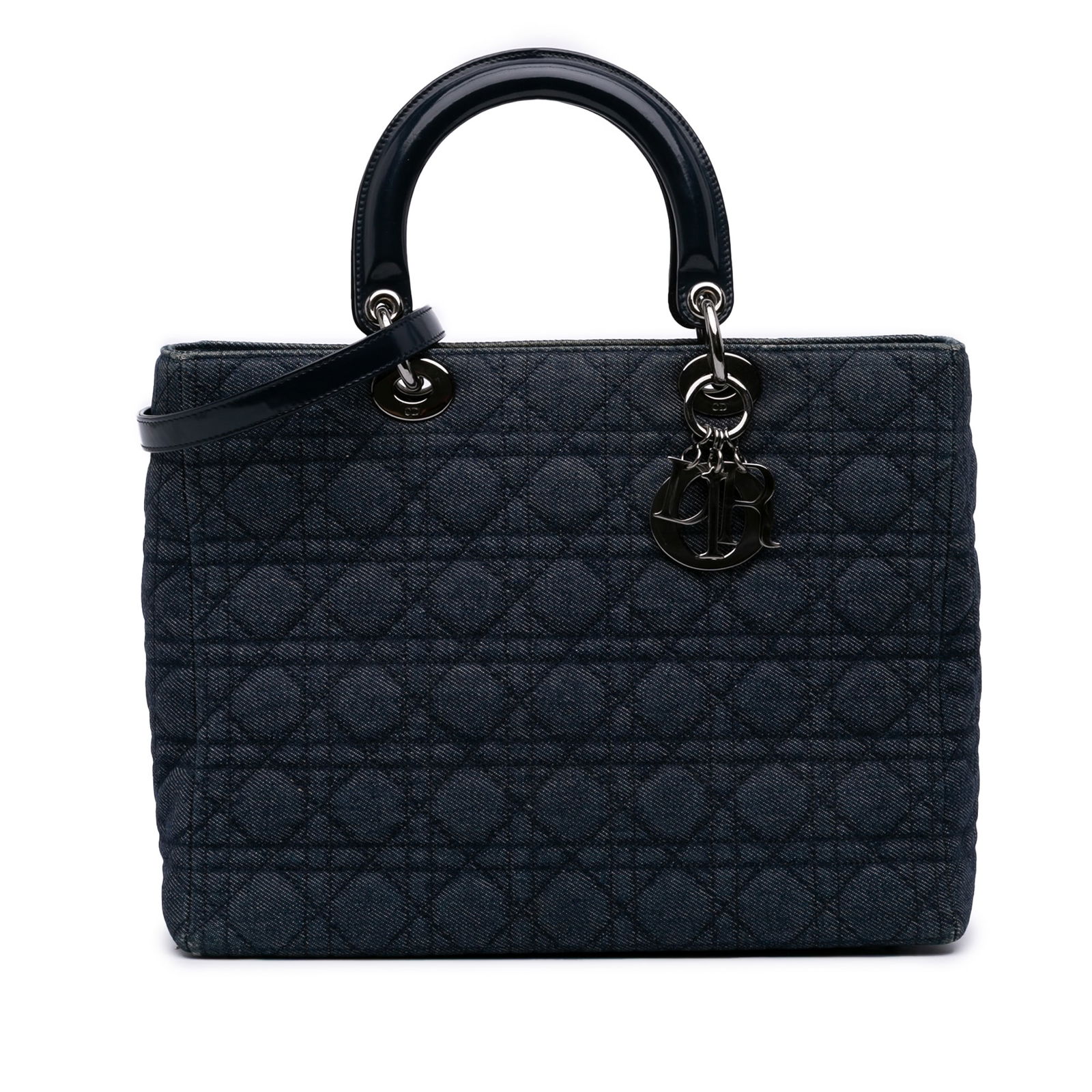Dior Large Denim Cannage Lady Dior Bag Blue Fabric: Dior Large Denim Cannage Lady Dior Bag Blue Fabric Presenting the Large Denim Cannage Lady Dior, a stylish and functional bag crafted from cannage denim. This exquisite piece features flat patent leat