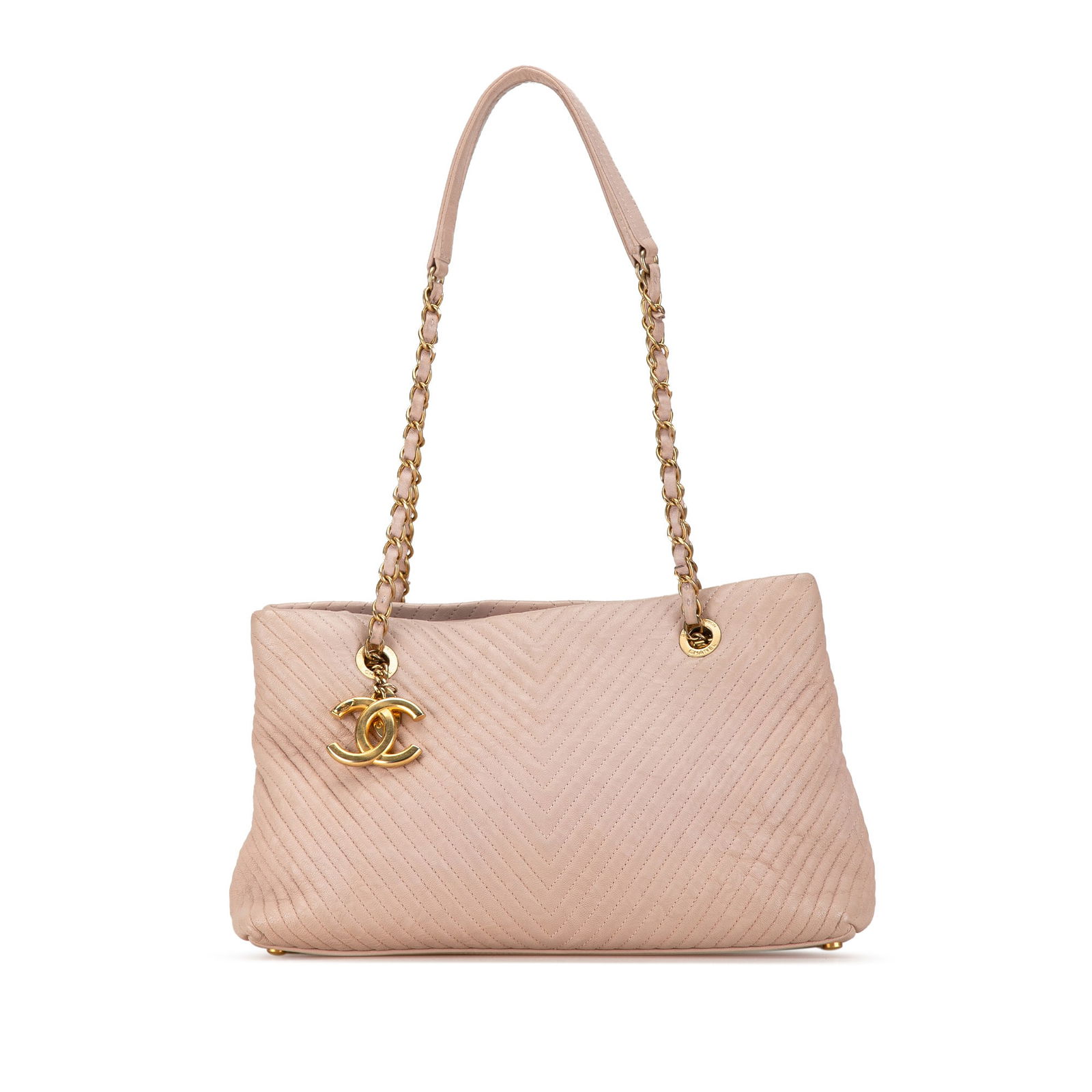 Chanel Pink Chevron Calfskin Surpique Tote with Chain Straps: Chanel Pink Chevron Calfskin Surpique Tote with Chain Straps This Chanel Large Chevron Calfskin Surpique Tote showcases a sophisticated quilted leather body in a stunning pink hue. It is designed with