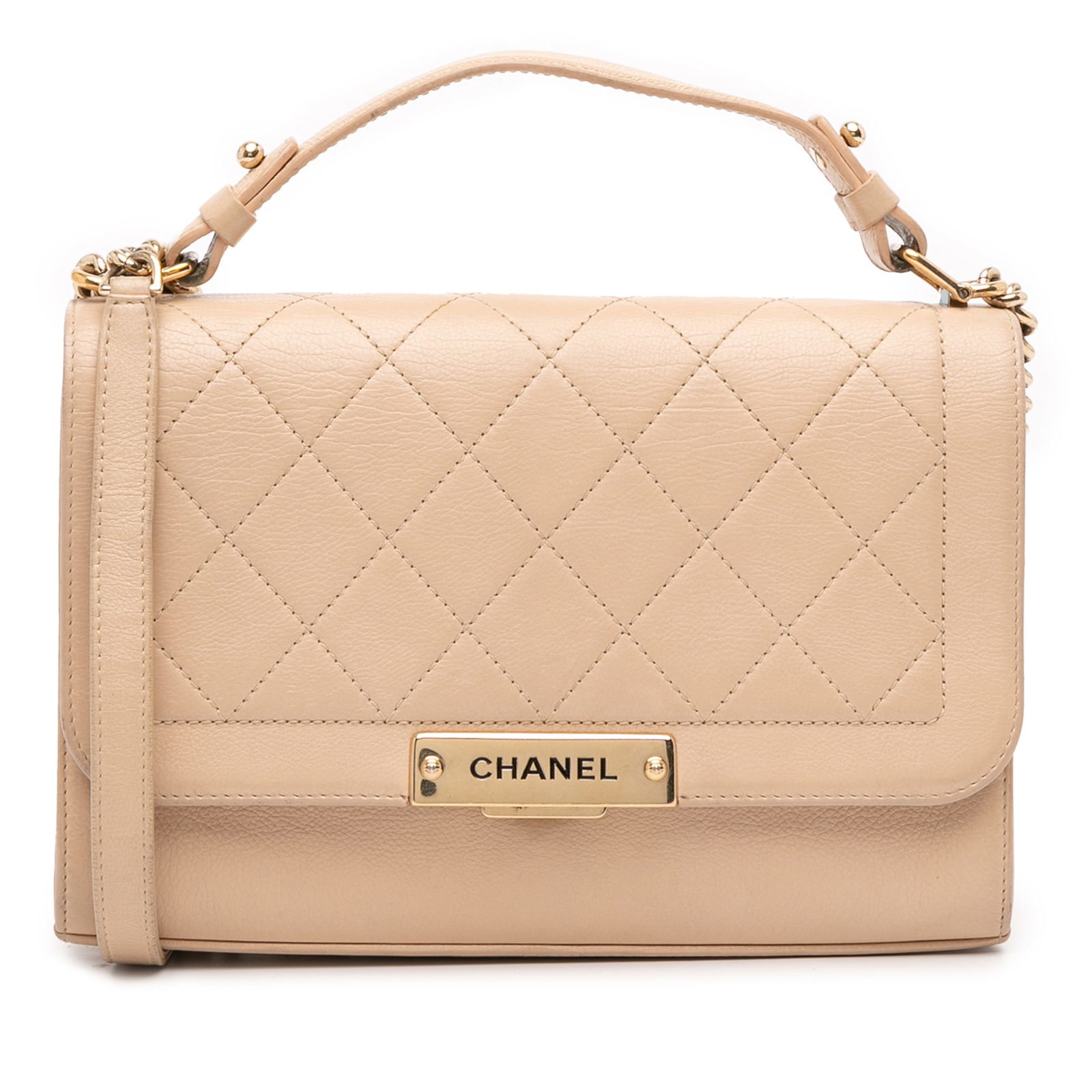 Chanel Medium Quilted Calfskin Click Flap Satchel Brown Leather: Chanel Medium Quilted Calfskin Click Flap Satchel Brown Leather This Chanel Medium Quilted Calfskin Label Click Flap bag is a sophisticated accessory crafted from high-quality leather. It features a s