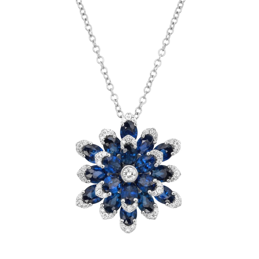 Rachel Koen Blue Sapphire Diamond Flower Pendant Necklace 18K White Gold (1 of 6)