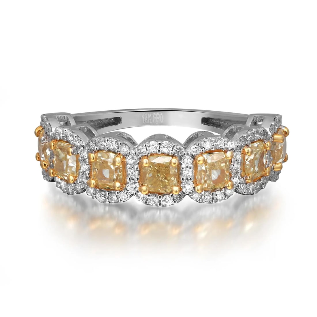 Rachel Koen Cushion Cut Yellow White Diamond Half Eternity Ring 14K White Gold 2.43Ct: Rachel Koen Cushion Cut Yellow White Diamond Half Eternity Ring 14K White Gold 2.43Ct This exquisite Cushion Cut Yellow & White Diamond Half Eternity Band Ring features a stunning combination of vivid