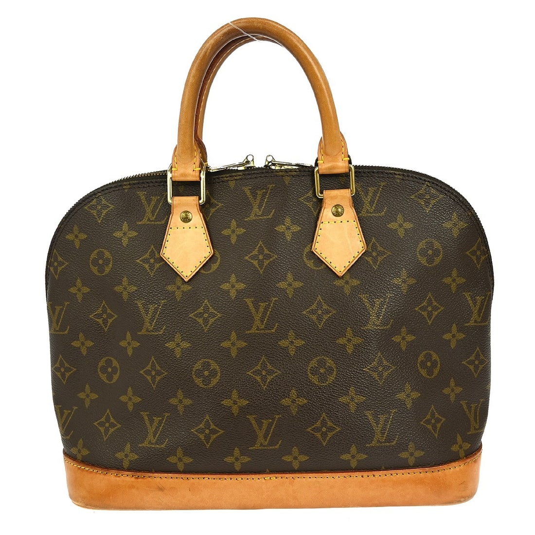 Brown Alma Tote by Louis Vuitton with Leather Accents: Brown Alma Tote by Louis Vuitton with Leather Accents This pre-owned Louis Vuitton Alma handbag is crafted in brown leather and shows visible signs of use, including scuffs and scratches on the corner