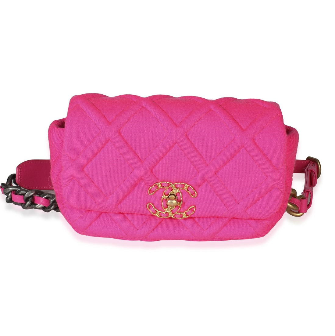 Chanel 19 Pink Quilted Jersey Belt Bag with Box and Authenticity Card: Chanel 19 Pink Quilted Jersey Belt Bag with Box and Authenticity Card This Chanel 19 waist bag features a fuchsia quilted jersey exterior with a pink fabric and leather lining. The bag is designed wit