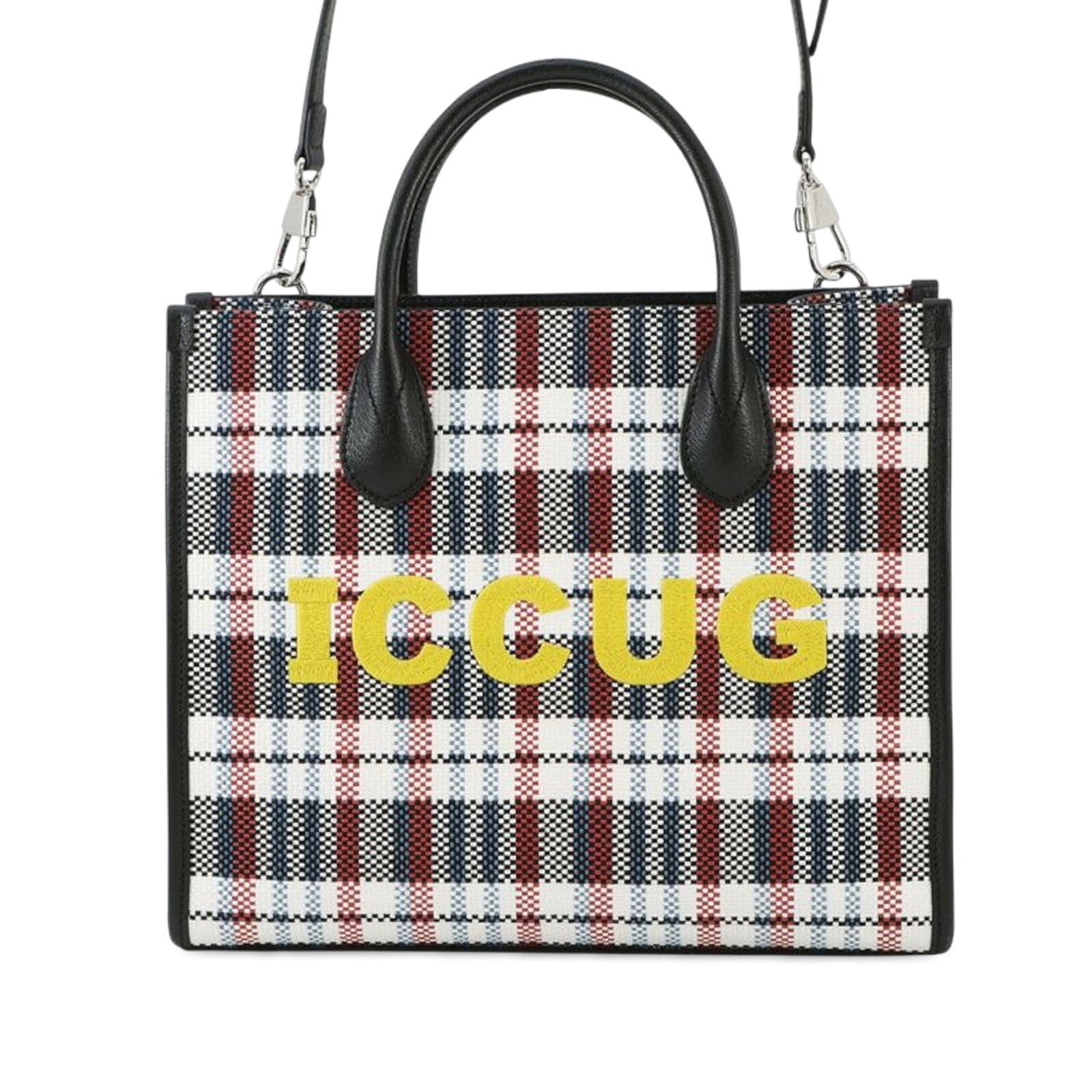 Gucci Freya Hartas Plaid Tote Bag with Embroidered Logo: Gucci Freya Hartas Plaid Tote Bag with Embroidered Logo The Gucci Freya Hartas Canvas ICCUG Logo Embroidered Plaid Tote is a stylish and practical accessory perfect for everyday use. It features a dur
