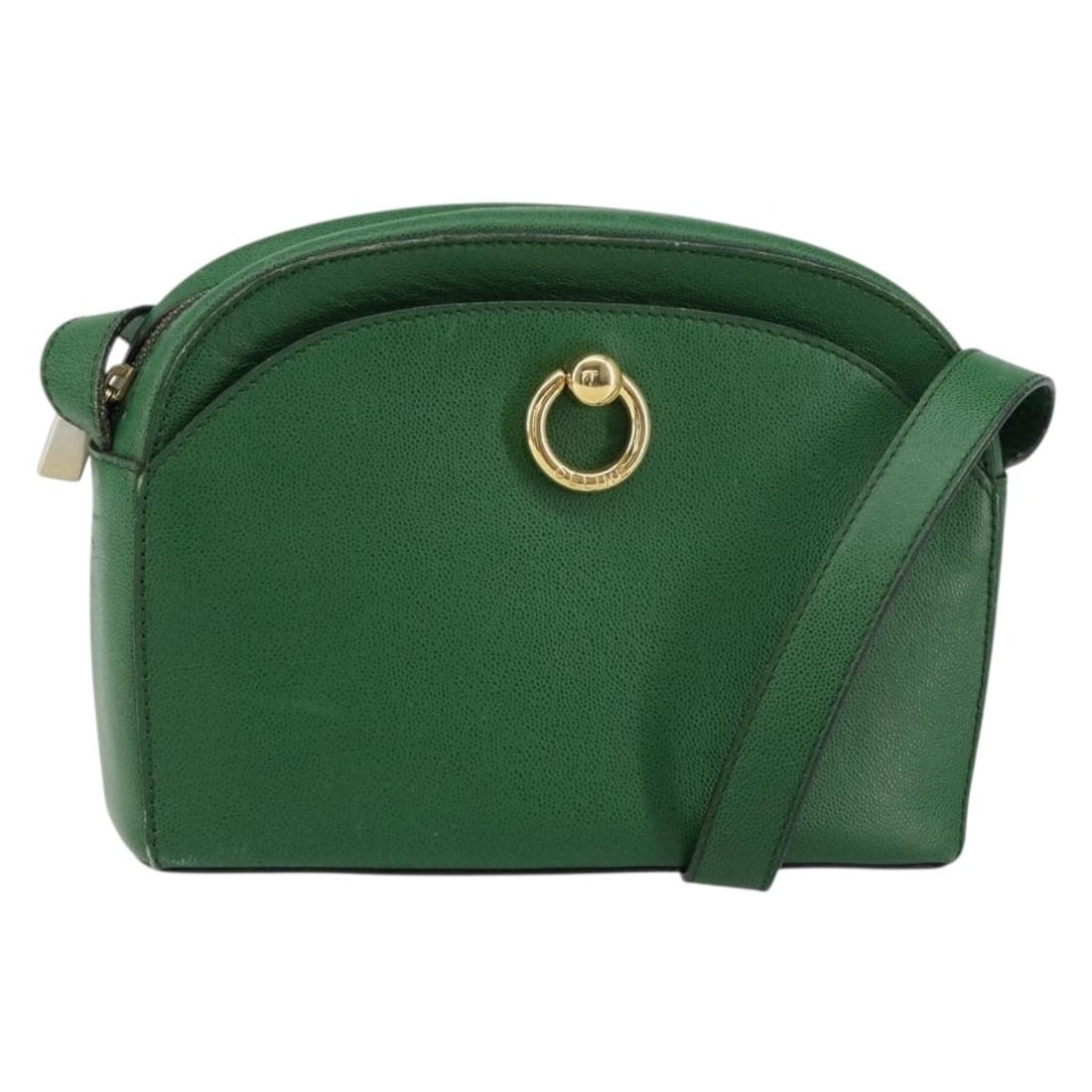 Green vintage Celine shoulder purse with strap and metal accents: Green vintage Celine shoulder purse with strap and metal accents This pre-owned Celine vintage shoulder bag features a green exterior and is designed for female use. It exhibits signs of previous use,