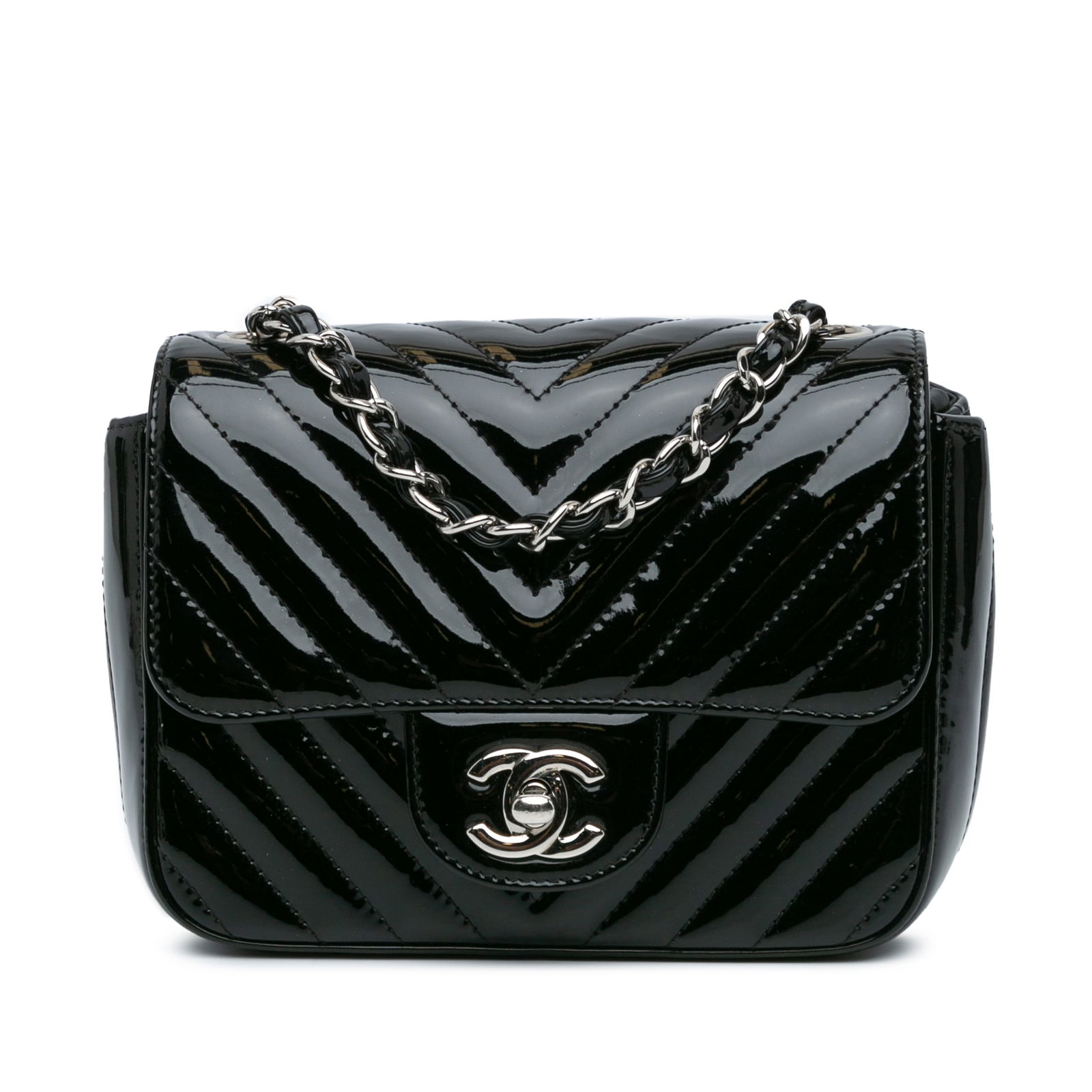 Chanel Mini Square Classic Chevron Flap Bag Black Leather: Chanel Mini Square Classic Chevron Flap Bag Black Leather This Chanel Mini Square Classic Chevron Patent Flap shoulder bag showcases a chic design with its quilted patent leather body and a leather wo