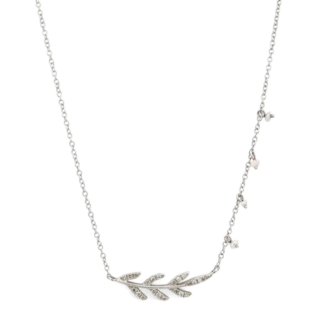 Leaf Motif Pendant Necklace with Diamonds and Pearls in 14K White Gold by Meira T: Leaf Motif Pendant Necklace with Diamonds and Pearls in 14K White Gold by Meira T This delicate pendant necklace features a leaf motif crafted in high-polished 14k white gold, adorned with pave-set ro