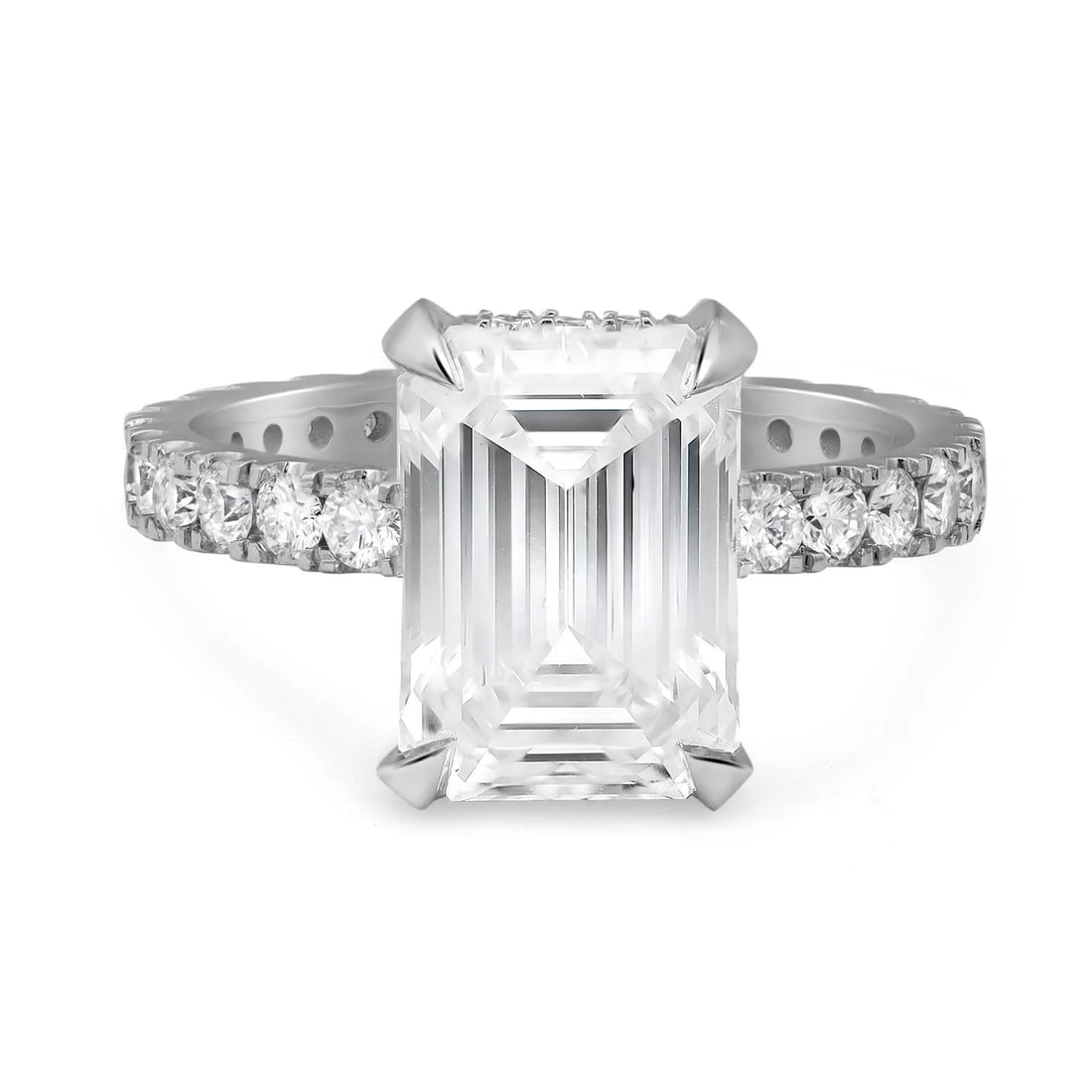 Rachel Koen 14K White Gold Emerald Cut Lab Grown Diamond Engagement Ring 4.05ct GIA Certified: Rachel Koen 14K White Gold Emerald Cut Lab Grown Diamond Engagement Ring 4.05ct GIA Certified This stunning engagement ring features a mesmerizing GIA certified emerald cut lab grown diamond at its ce