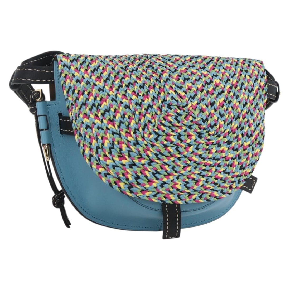 Small Loewe Gate Leather Shoulder Bag in Light Blue and Gold: Small Loewe Gate Leather Shoulder Bag in Light Blue and Gold This LOEWE Gate Small Shoulder Bag features a stylish light blue and gold leather exterior. Crafted in Spain, it combines refined elegance