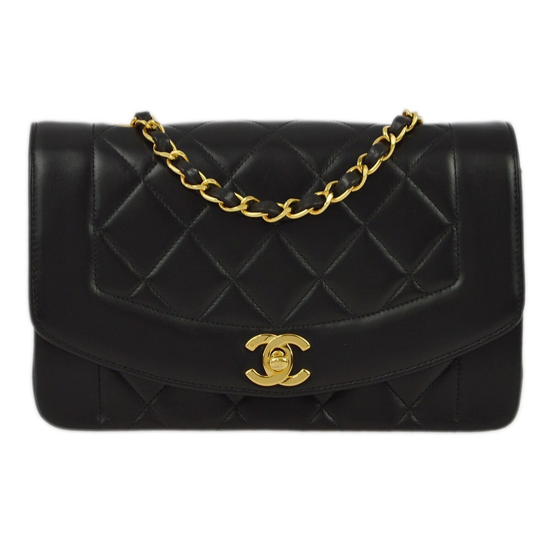 Chanel Small Diana Black Lambskin Shoulder Bag with Chain Strap: Chanel Small Diana Black Lambskin Shoulder Bag with Chain Strap This Chanel Small Diana Shoulder Bag is a stylish accessory, perfect for casual occasions. Crafted from luxurious black lambskin, it