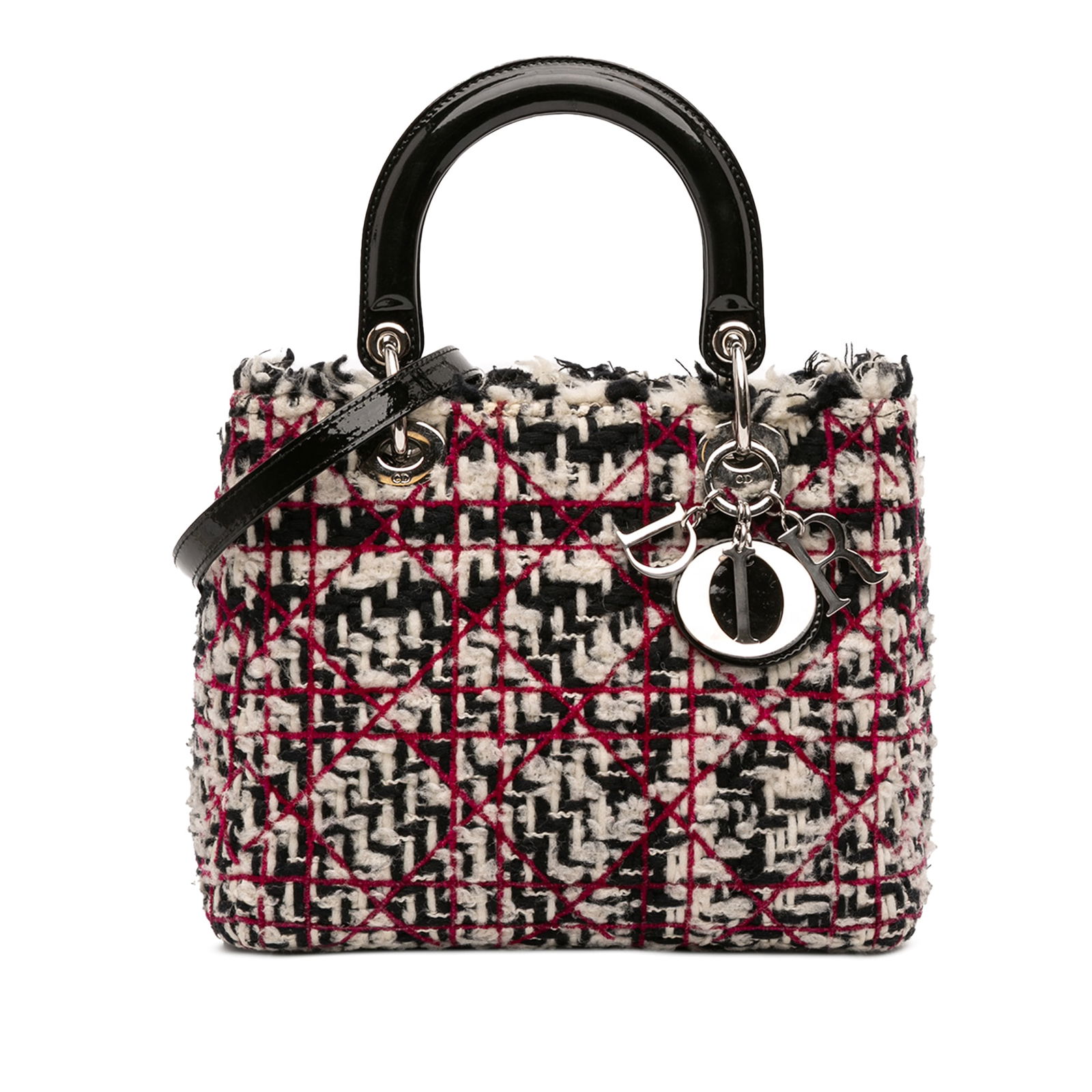 Dior Medium Tweed Cannage Fringe Black Handbag: Dior Medium Tweed Cannage Fringe Black Handbag Introducing the Medium Tweed Cannage Fringe Lady Dior, an exquisite blend of elegance and functionality. This stunning handbag features a luxurious tweed