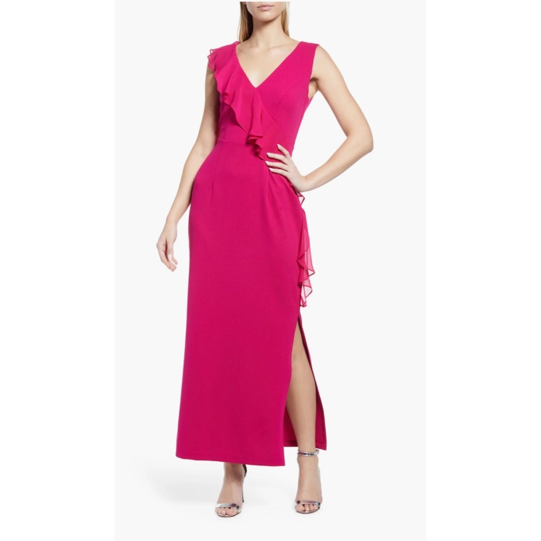 Connected Plus Size 22W Fuchsia V-Neck Ruffle Gown for Formal Events: Connected Plus Size 22W Fuchsia V-Neck Ruffle Gown for Formal Events This stunning fuchsia gown from Connected combines elegance with comfort, designed specifically for plus-size figures. The dress fe