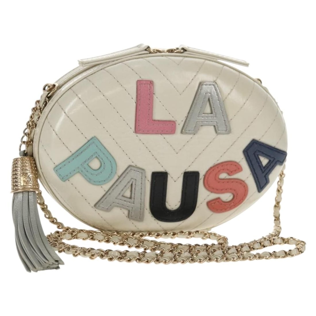 White Chanel La Pausa Shoulder Evening Bag: White Chanel La Pausa Shoulder Evening Bag This un-used Chanel La Pausa evening bag features a white exterior with minor rubbing and stains on the surface and shoulder strap, as well as minor scratche