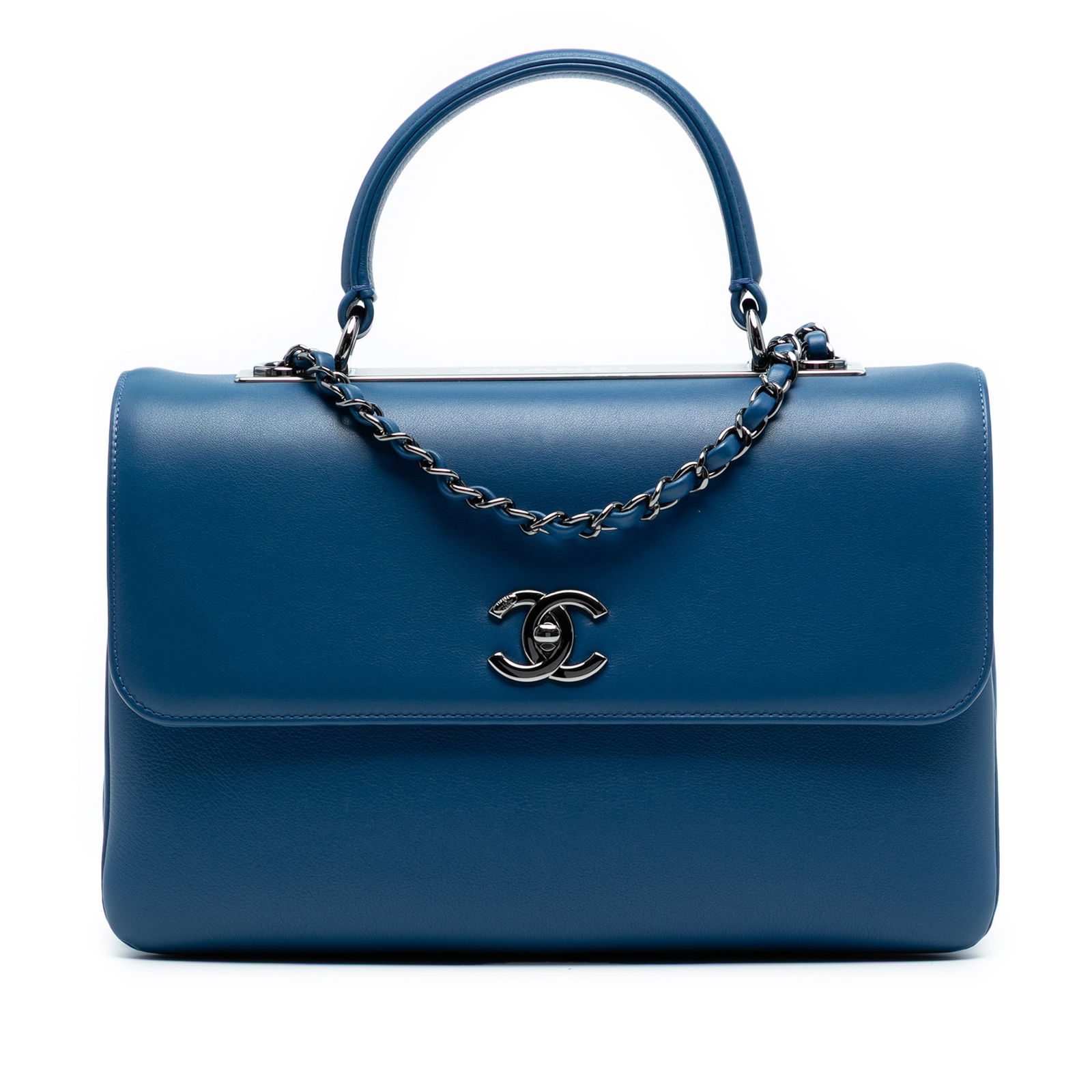 Chanel Medium Trendy CC Blue Lambskin Top Handle Bag: Chanel Medium Trendy CC Blue Lambskin Top Handle Bag This Chanel Medium Lambskin Trendy CC Top Handle Bag is a luxurious accessory crafted from soft lambskin leather in a stunning blue hue. It feature