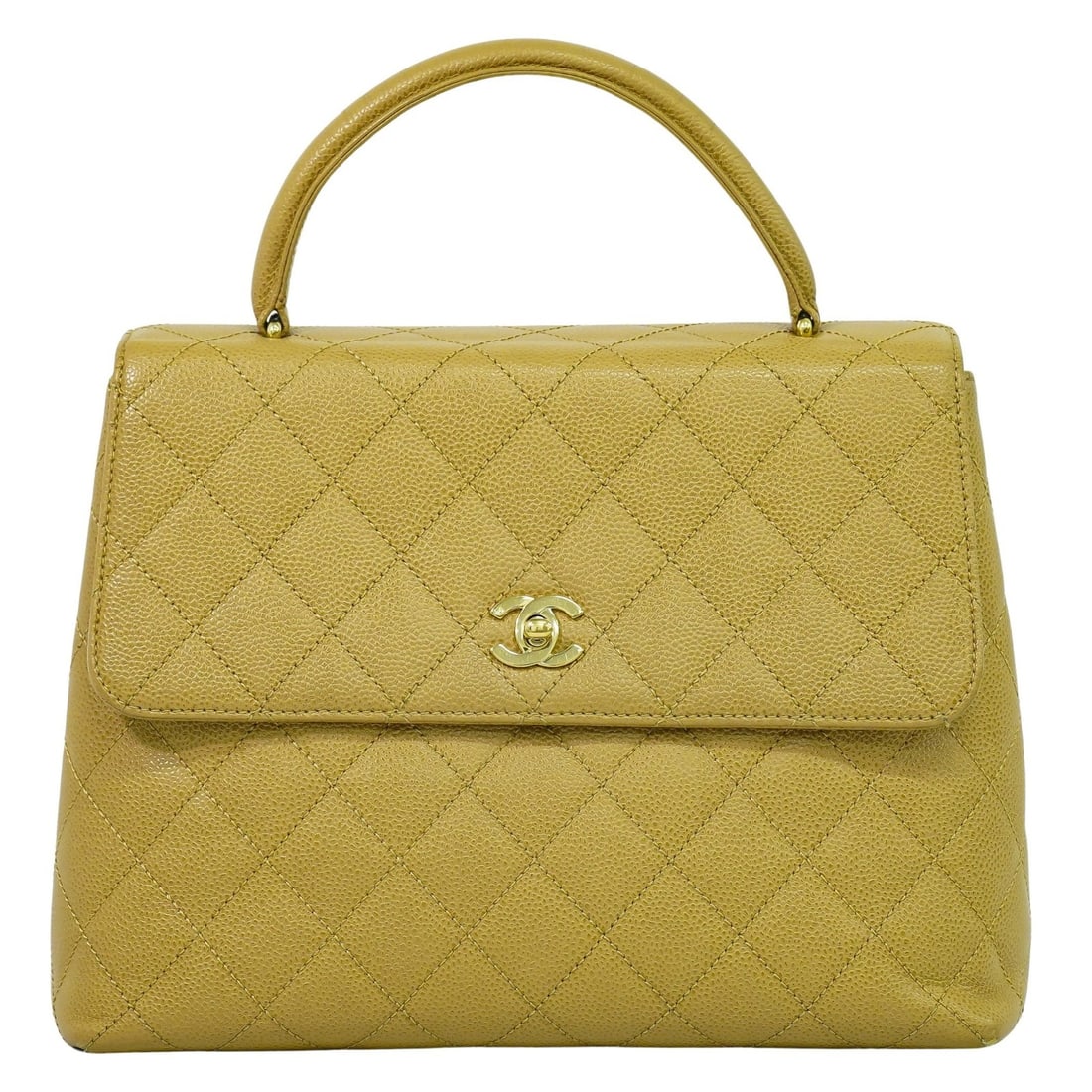 Beige Chanel Coco Top Handle Handbag: Beige Chanel Coco Top Handle Handbag This pre-owned Chanel Coco Top Handle Bag in beige features a classic design with a structured silhouette. The bag shows signs of use, including some wear and stai