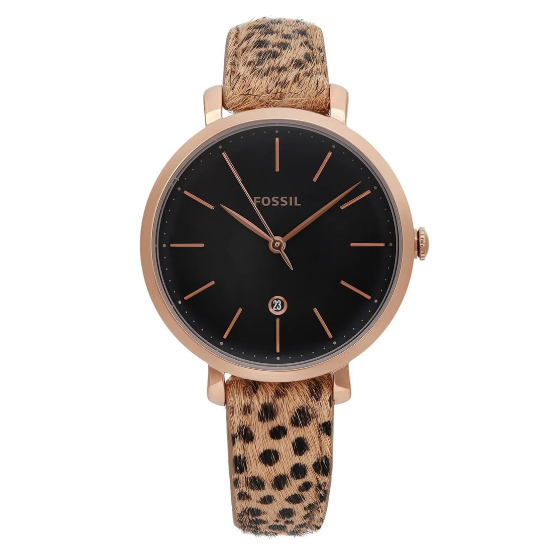 Fossil Jacqueline 36mm Black Dial Cheetah Faux Leather Watch ES4681: Fossil Jacqueline 36mm Black Dial Cheetah Faux Leather Watch ES4681 This Fossil Jacqueline wristwatch combines a chic aesthetic with practical features. It showcases a striking black dial with stick i