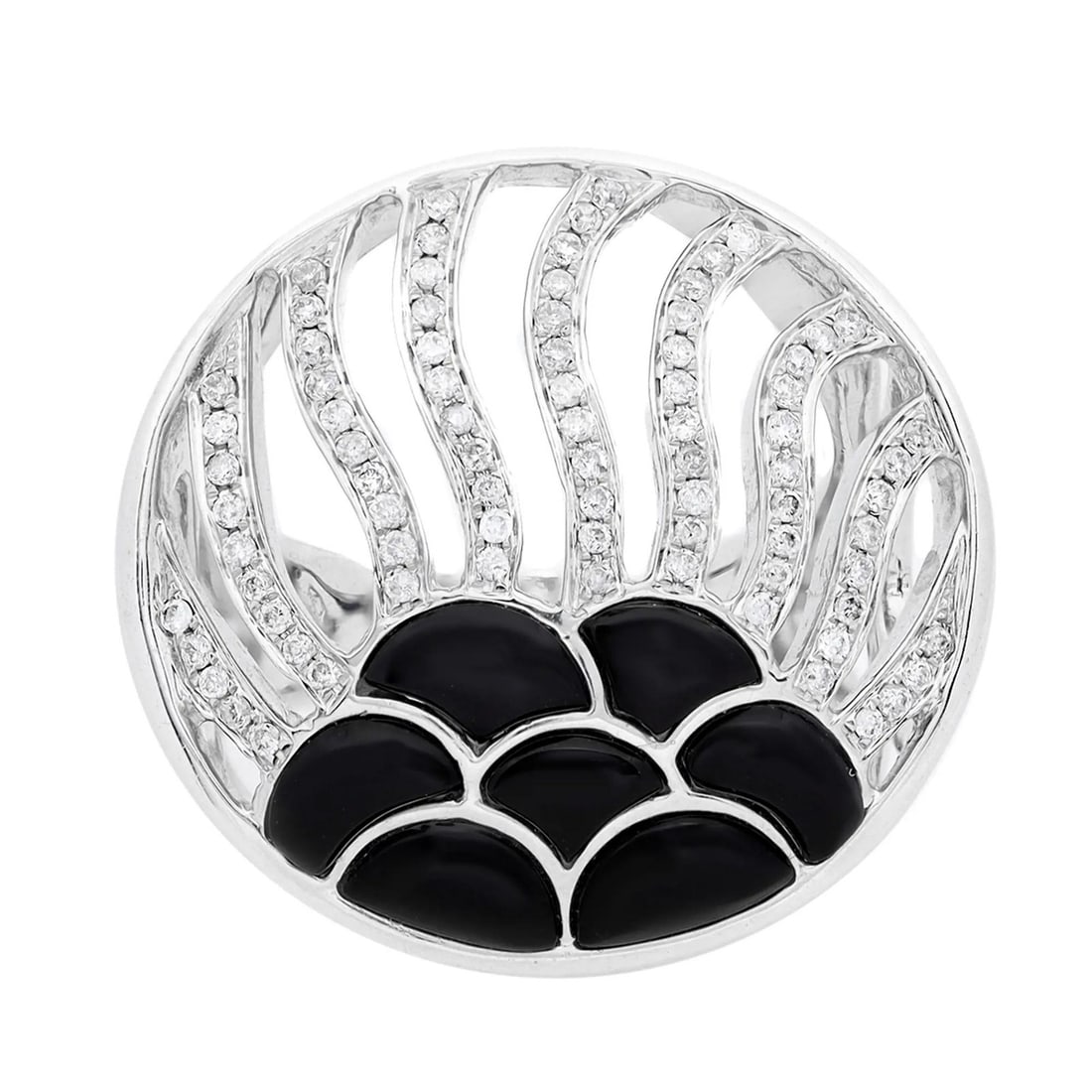 Rachel Koen 14K White Gold Diamond Onyx Cocktail Ring 0.36ctw Size 7.5: Rachel Koen 14K White Gold Diamond Onyx Cocktail Ring 0.36ctw Size 7.5 This exquisite cocktail ring showcases a stunning array of pave set round cut diamonds intricately arranged in a wave pattern, co