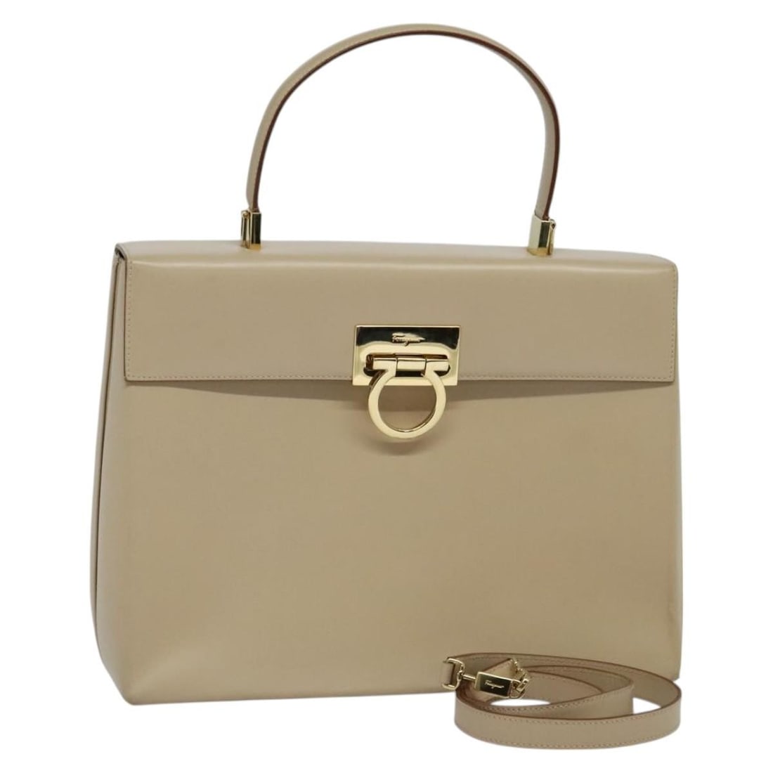 Salvatore Ferragamo Gancini Leather Hand Bag Beige Gold Made in Italy (1 of 18)