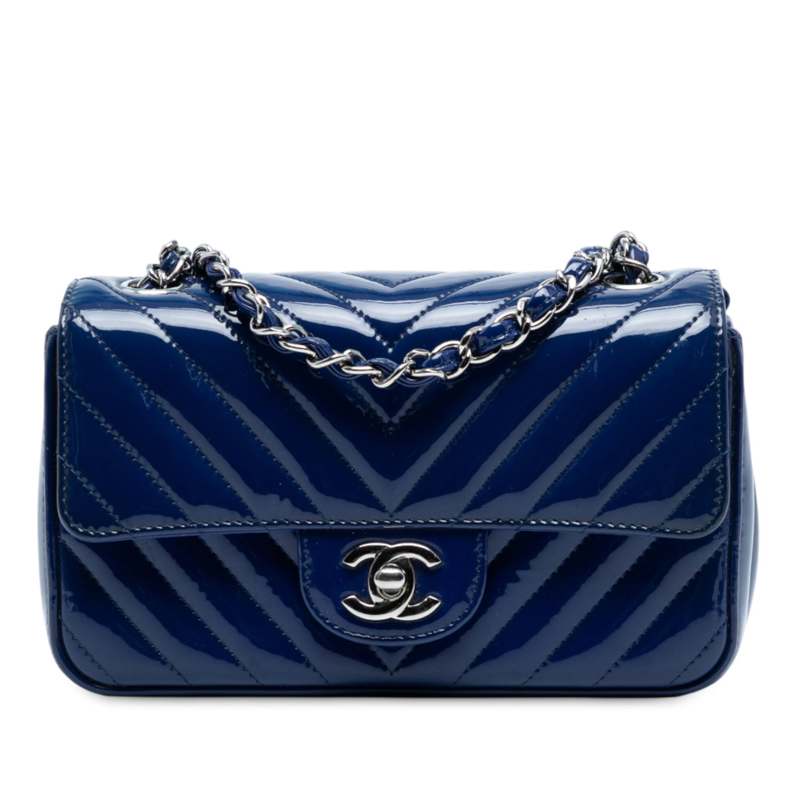 Chanel Mini Rectangular Classic Chevron Blue Patent Flap Bag: Chanel Mini Rectangular Classic Chevron Blue Patent Flap Bag This Chanel Mini Rectangular Classic Chevron Patent Single Flap crossbody bag showcases a chic quilted patent leather body in a stunning bl