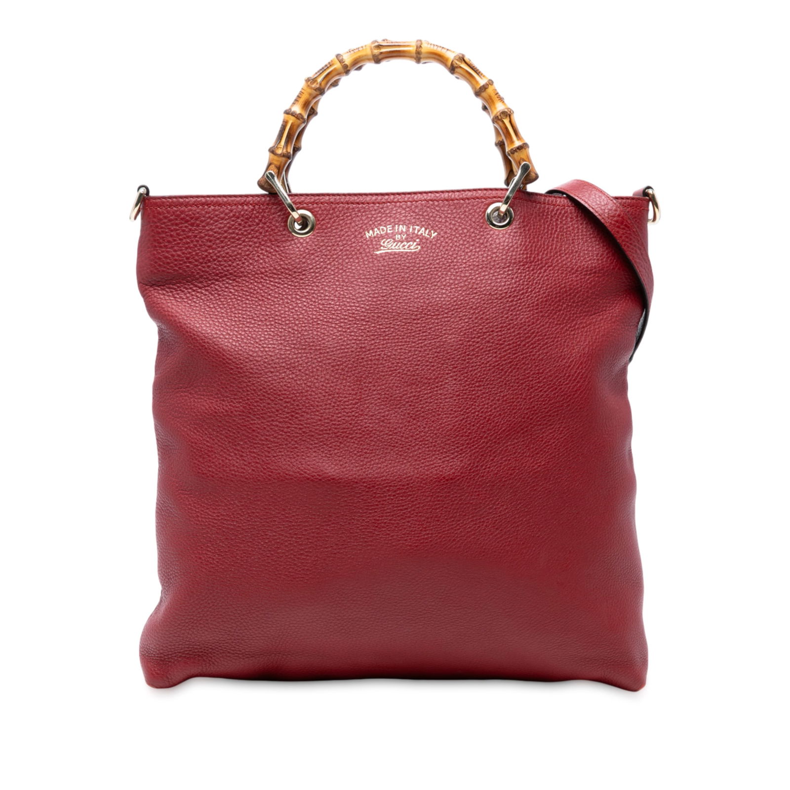 Gucci Red Leather Tall Bamboo Shopper Tote with Handles: Gucci Red Leather Tall Bamboo Shopper Tote with Handles This elegant Gucci Tall Leather Bamboo Shopper Tote showcases a striking red leather body, complemented by distinctive bamboo handles. The tote