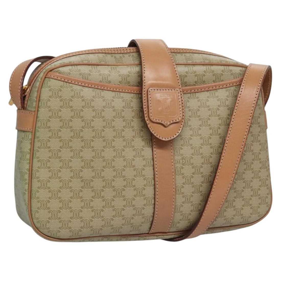 Beige Macadam Shoulder Purse Vintage Design: Beige Macadam Shoulder Purse Vintage Design This Celine vintage Macadam shoulder bag features a beige exterior with signature Macadam pattern and leather accents. The bag shows signs of wear, includin