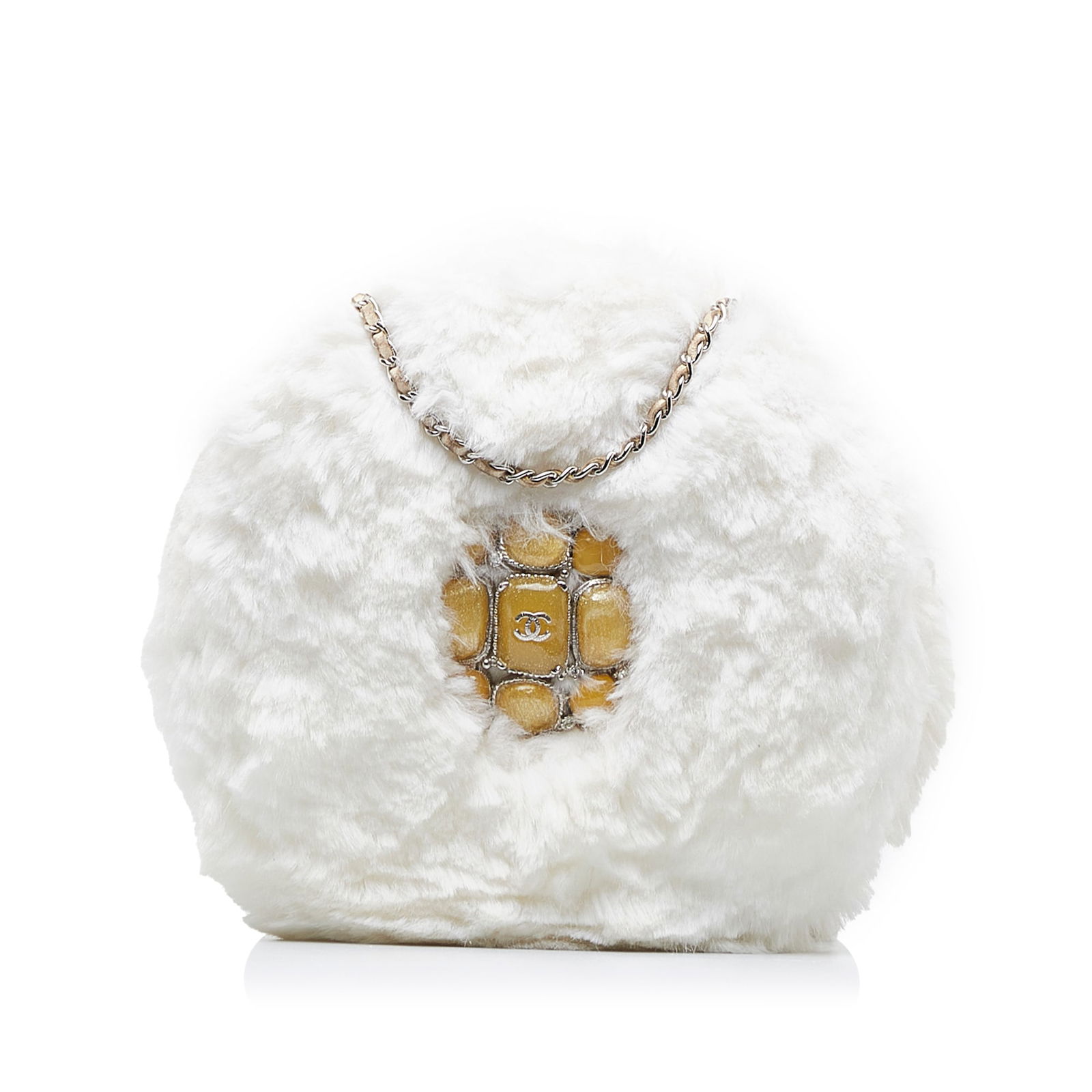 Chanel Faux Fur Crossbody with CC Crystal Accent and Leather Chain Strap: Chanel Faux Fur Crossbody with CC Crystal Accent and Leather Chain Strap This Chanel crossbody bag features a round silhouette crafted from faux fur with crystal embellishments, complemented by a leat