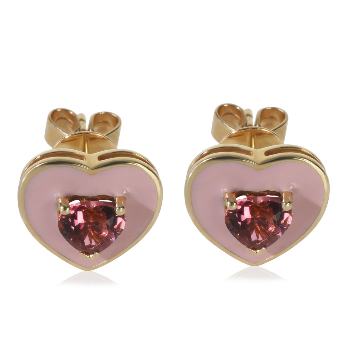 14K Yellow Gold Heart Earrings with 1.48ct Tourmaline and Pink Enamel: 14K Yellow Gold Heart Earrings with 1.48ct Tourmaline and Pink Enamel These exquisite earrings feature a heart shape crafted from 14K yellow gold, adorned with stunning pink enamel accents. Each earri