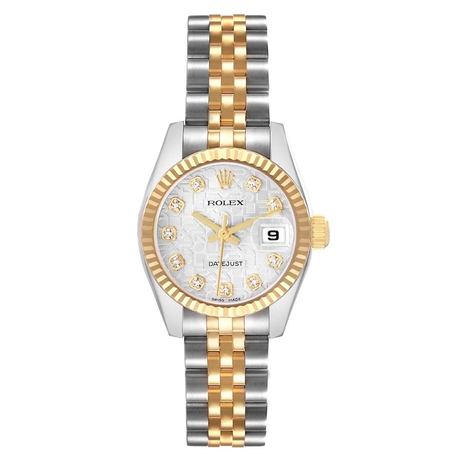 Ladies Rolex Datejust 179173 with Anniversary Diamond Dial Jubilee Bracelet Card 2011: Ladies Rolex Datejust 179173 with Anniversary Diamond Dial Jubilee Bracelet Card 2011 This ladies Rolex Datejust watch features an Anniversary Diamond dial and a fluted bezel. The timepiece comes with