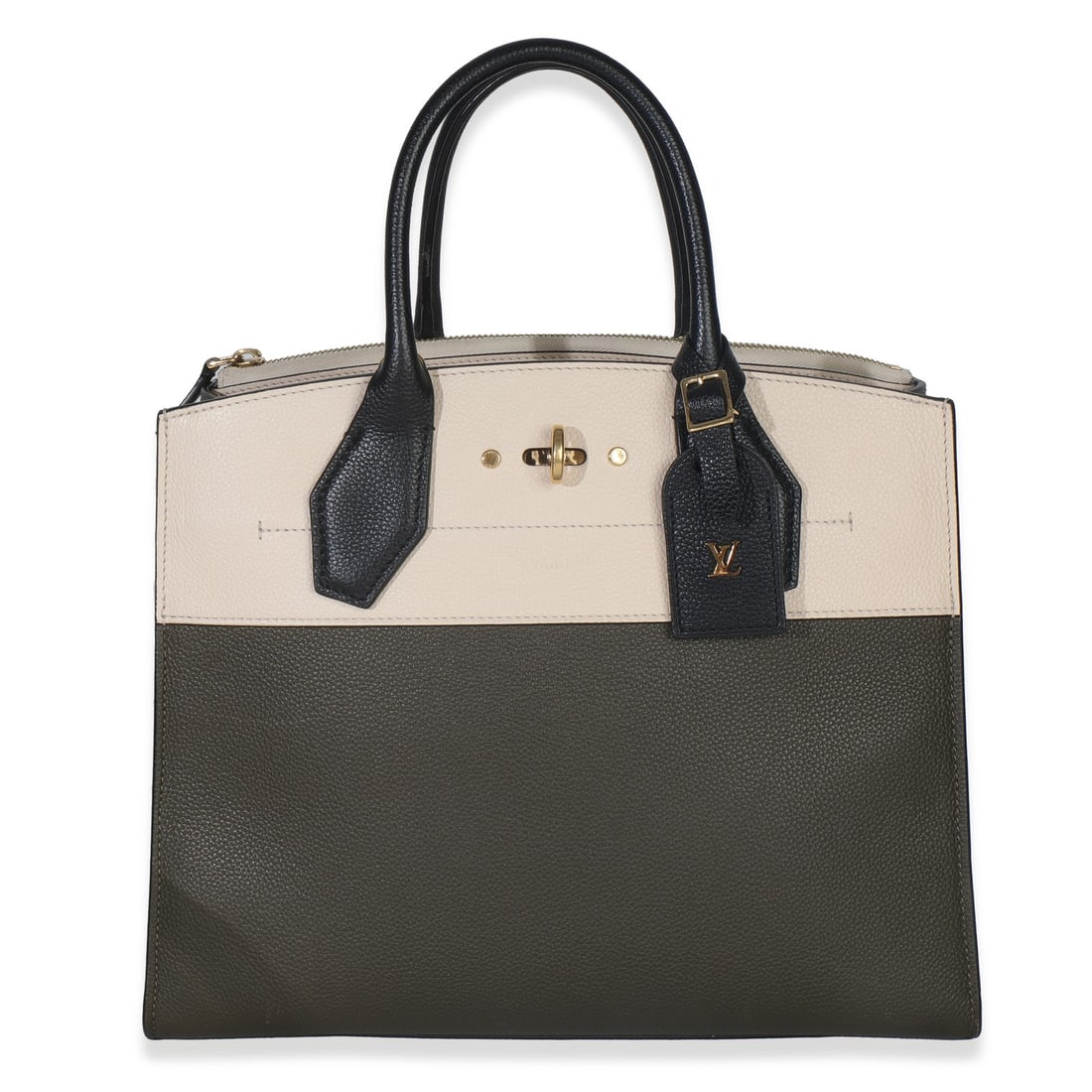 Louis Vuitton City Steamer MM Beige Black Green Leather Handbag 2018: Louis Vuitton City Steamer MM Beige Black Green Leather Handbag 2018 Introducing the Louis Vuitton Kaki Creme Black Taurillon City Steamer MM, a sophisticated handbag crafted in Italy. This pre-owned