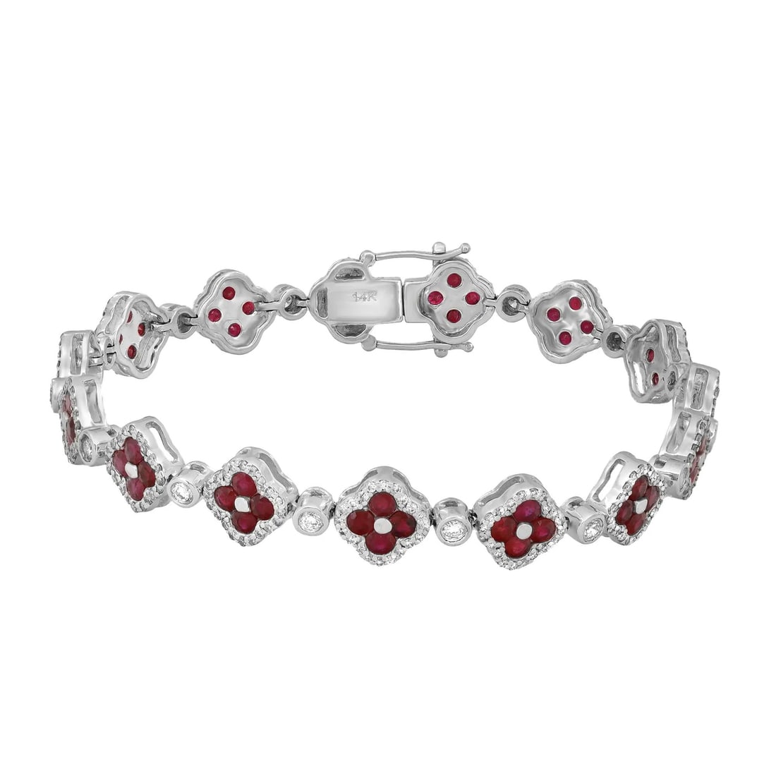 Rachel Koen 14K White Gold Ruby Diamond Clover Tennis Bracelet 7.05 Cttw: Rachel Koen 14K White Gold Ruby Diamond Clover Tennis Bracelet 7.05 Cttw Elevate your jewelry collection with this stunning 14K white gold clover tennis bracelet, featuring a captivating combination o