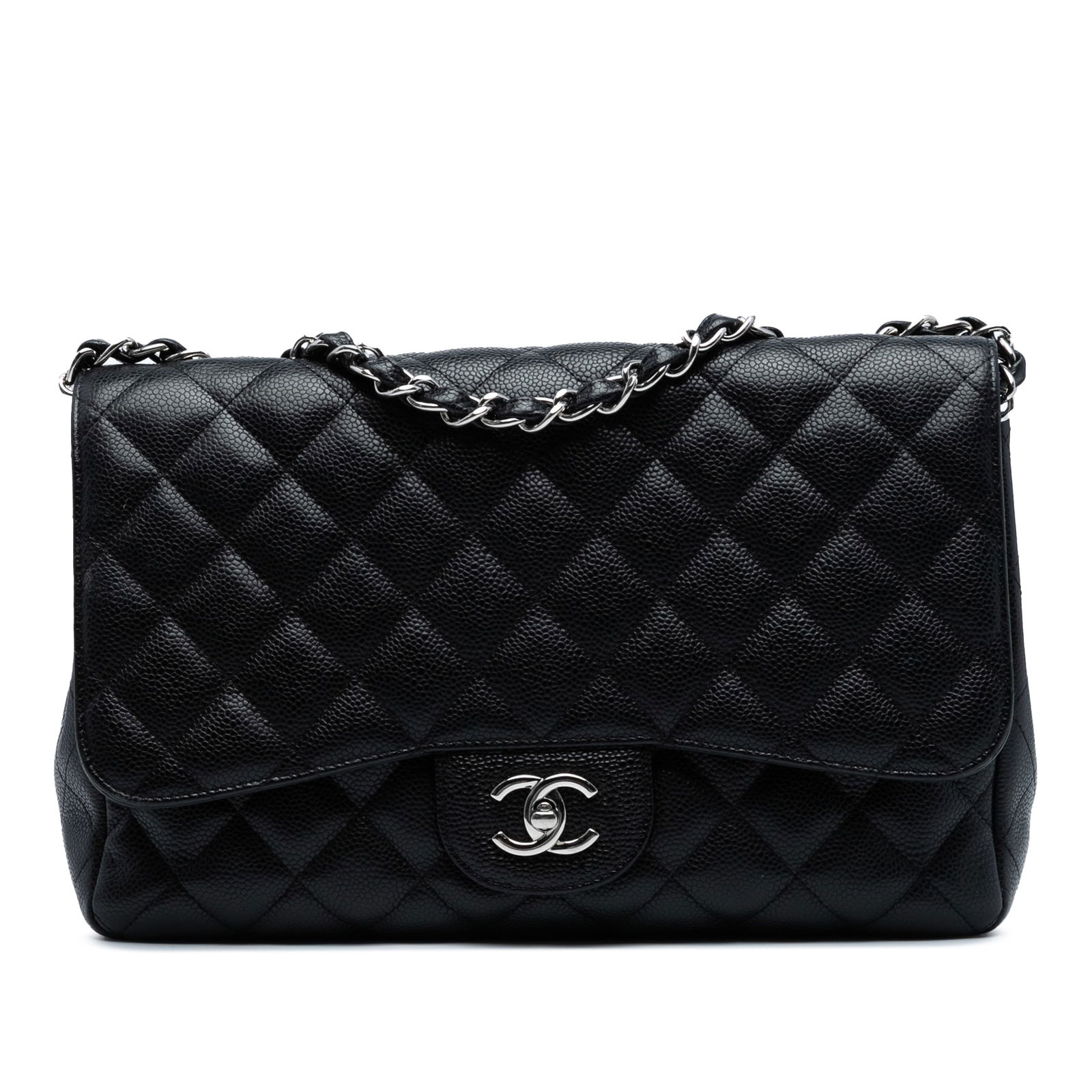 Chanel Jumbo Classic Caviar Black Flap Bag with Leather Chain (1 of 8)