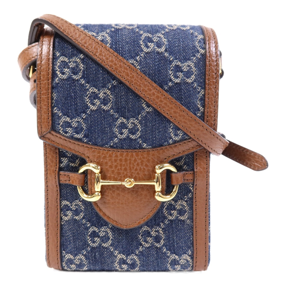 Gucci Horsebit 1955 Mini Denim and Calfskin Shoulder Bag Blue Brown: Gucci Horsebit 1955 Mini Denim and Calfskin Shoulder Bag Blue Brown This Gucci GG Horsebit 1955 Mini Shoulder Bag features a combination of calfskin and denim in blue and brown tones. Designed in a re