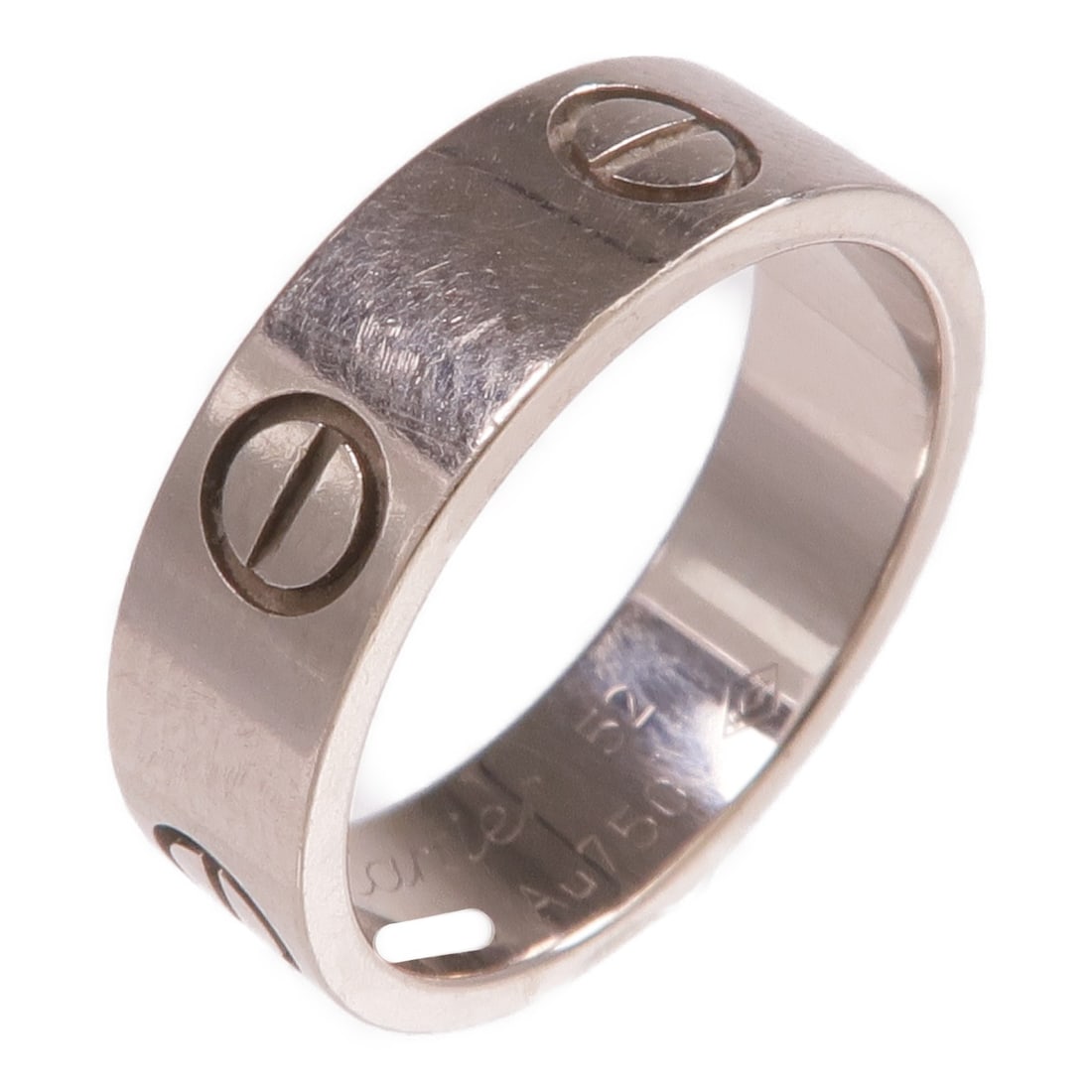 Cartier Love Band 18K White Gold Size 6.5 French Design: Cartier Love Band 18K White Gold Size 6.5 French Design This Cartier Love Ring is crafted from 18K white gold and features a sleek, silver-toned finish. Designed in a classic band style, the ring is a