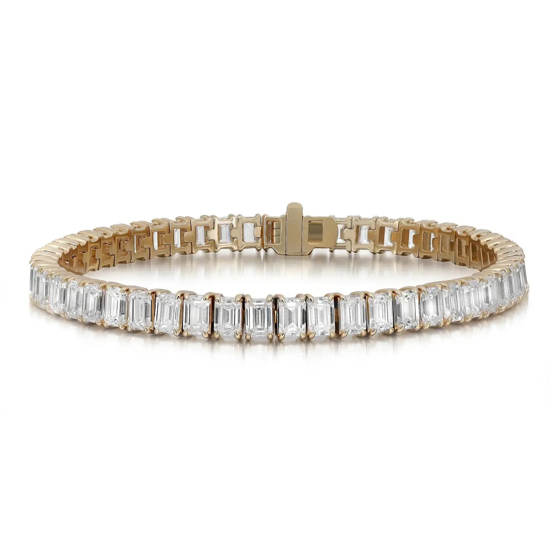 Rachel Koen 14K Yellow Gold Tennis Bracelet 13.56Ctw Lab Grown Emerald Cut Diamonds: Rachel Koen 14K Yellow Gold Tennis Bracelet 13.56Ctw Lab Grown Emerald Cut Diamonds Elevate your elegance with this stunning tennis bracelet, showcasing 53 prong set emerald cut lab grown diamonds tha