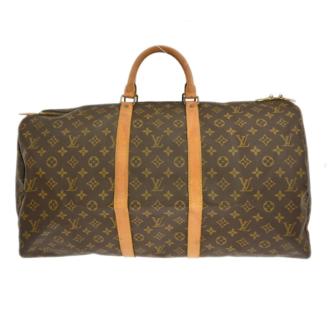 Keepall 55 Brown Travel Handbag by Louis Vuitton: Keepall 55 Brown Travel Handbag by Louis Vuitton This pre-owned Louis Vuitton Keepall 55 travel bag features a brown exterior and is designed for female use. The bag shows signs of wear, including scu