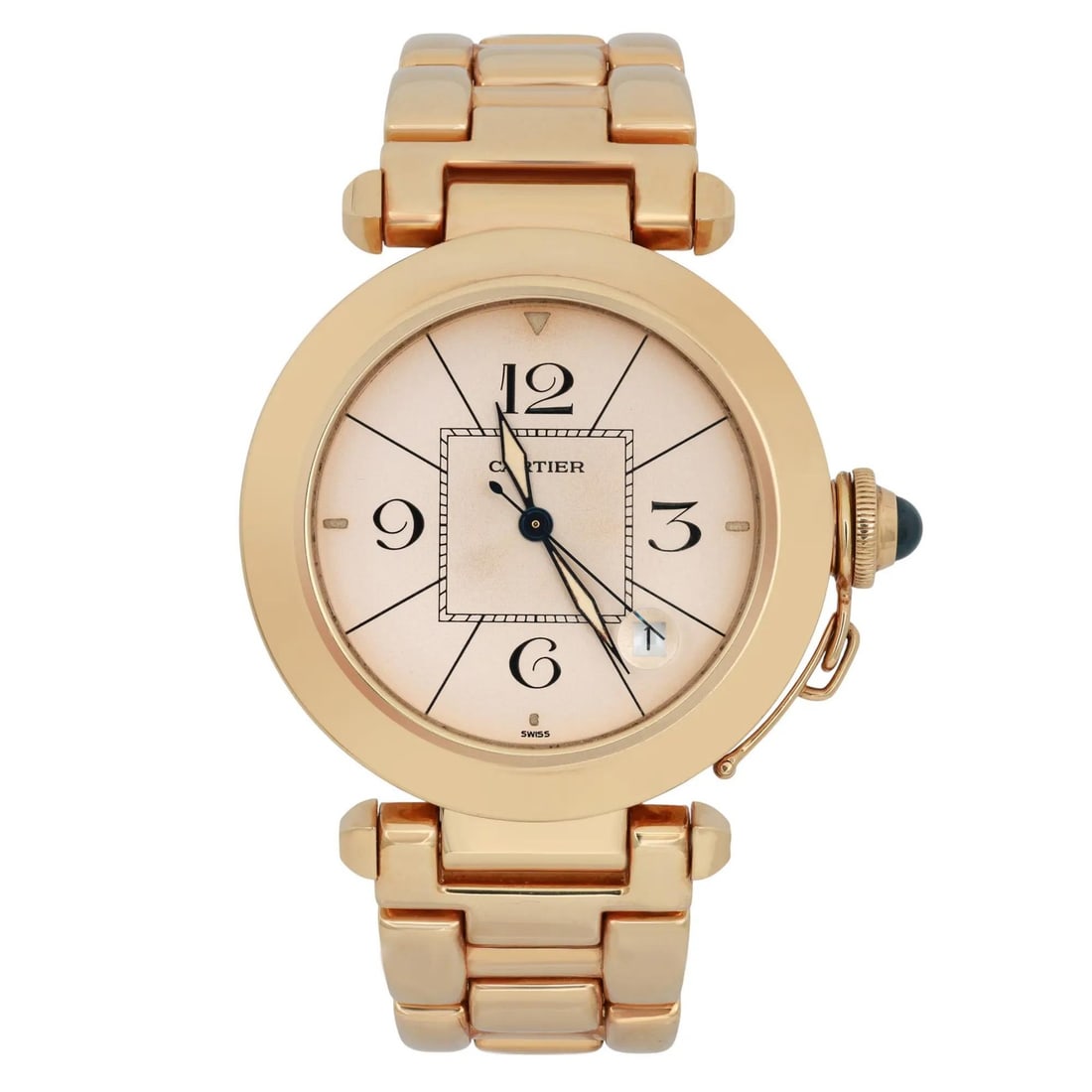 Cartier Pasha 38mm 18K Yellow Gold Automatic Watch Arabic Dial 1991: Cartier Pasha 38mm 18K Yellow Gold Automatic Watch Arabic Dial 1991 Experience the elegance of the Cartier Pasha 38mm Automatic Watch, crafted in luxurious 18K yellow gold. This unisex timepiece featu