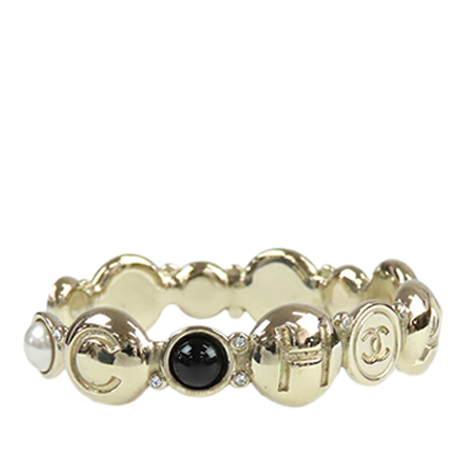 Chanel Gold Plated Faux Pearl Resin CC Cuff Bangle Bracelet: Chanel Gold Plated Faux Pearl Resin CC Cuff Bangle Bracelet This exquisite Chanel cuff bangle bracelet showcases a stunning gold-plated metal body adorned with elegant faux pearls and resin accents. C