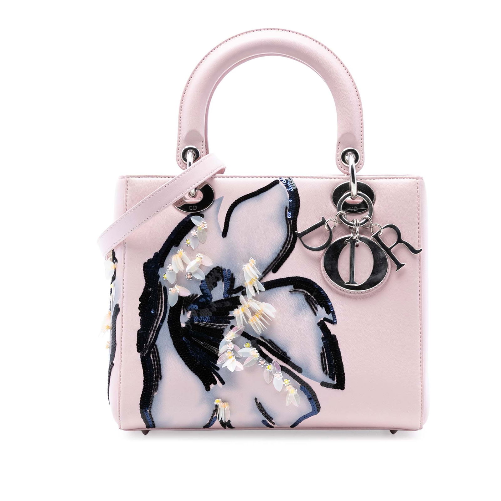 Dior Lady Dior Medium Pink Calfskin Bag with Sequin Detailing: Dior Lady Dior Medium Pink Calfskin Bag with Sequin Detailing This Lady Dior handbag features a pink sequin-embellished leather body, flat leather top handles, and a detachable, adjustable flat leathe
