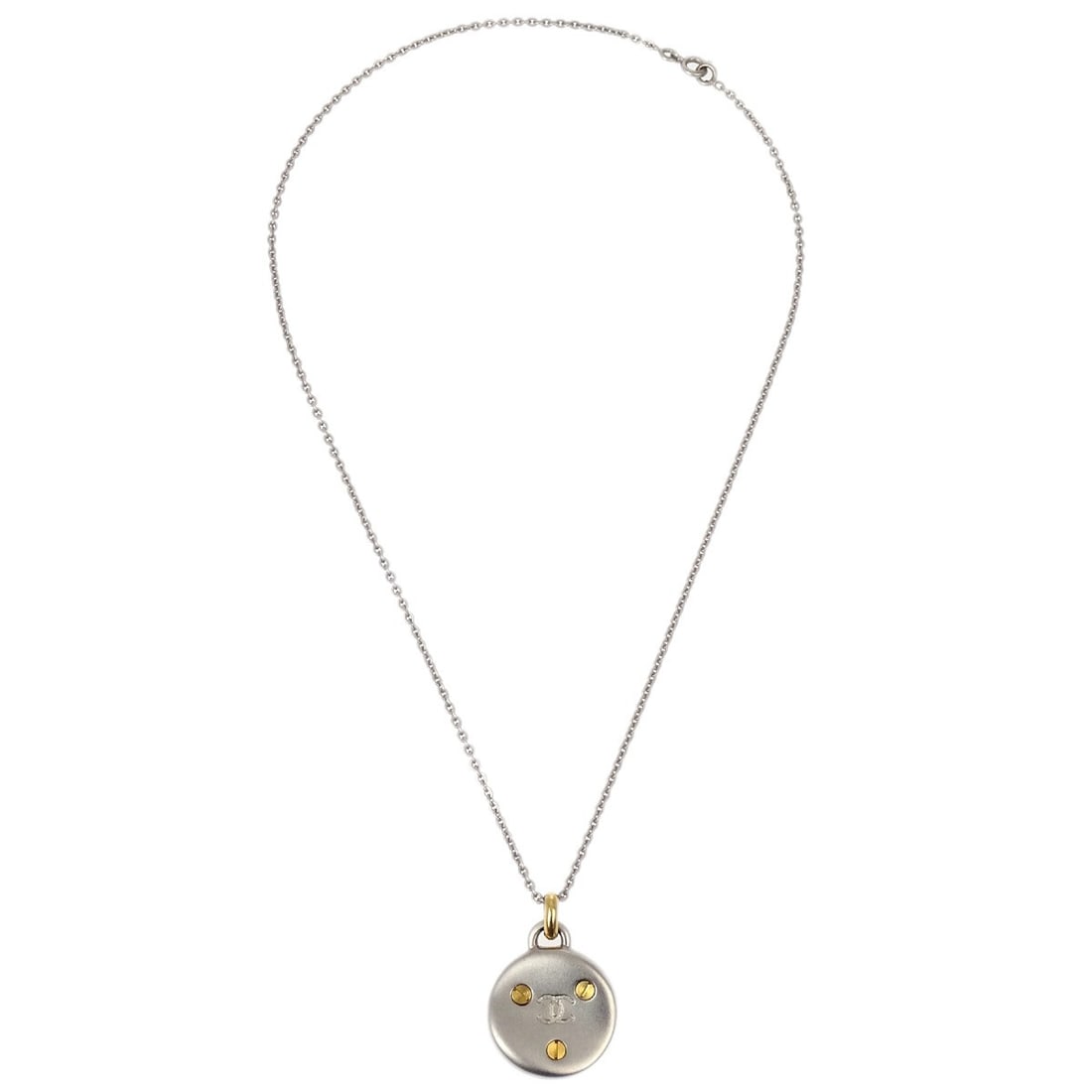 Silver Pendant Necklace with Medallion by Chanel: Silver Pendant Necklace with Medallion by Chanel This Chanel medallion pendant necklace features a silver-tone finish and is designed for women. The piece is in good condition with minor signs of use.