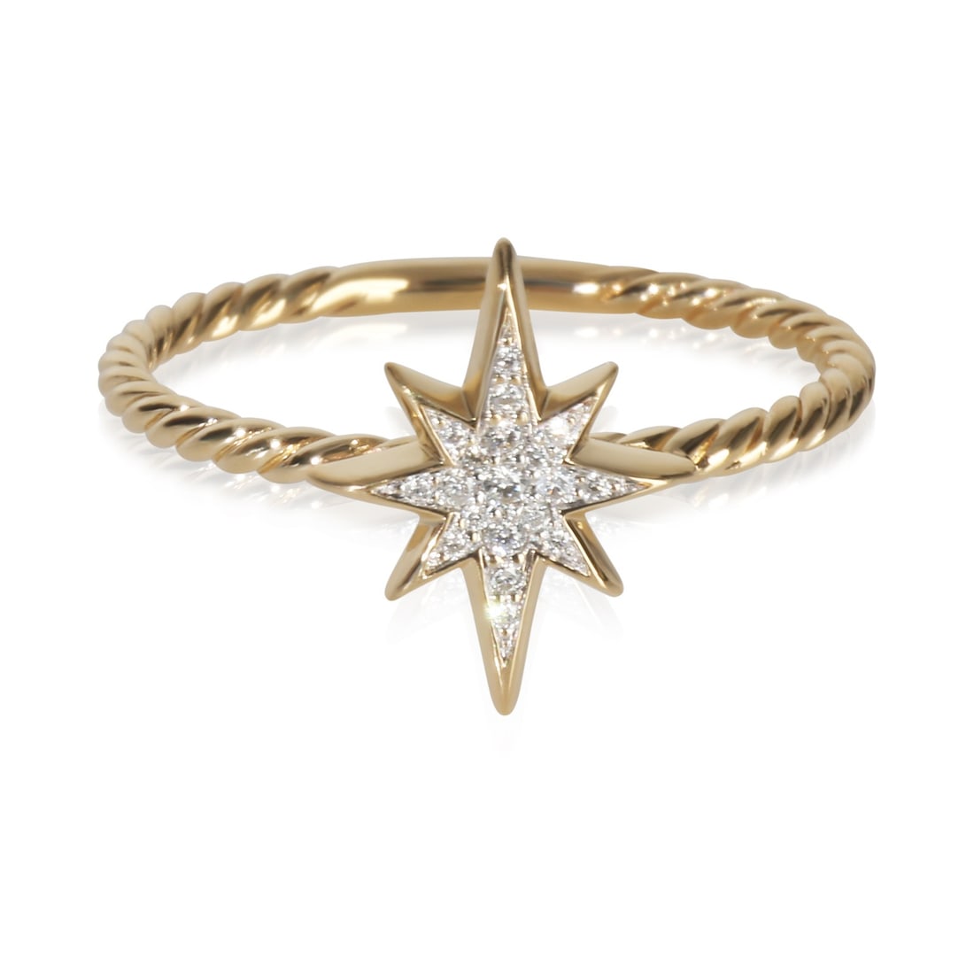 David Yurman 18k Gold Diamond Cable Collectible North Star Women's Ring: David Yurman 18k Gold Diamond Cable Collectible North Star Women's Ring This David Yurman Cable Collectible North Star ring features a round brilliant-cut white diamond as the main stone, set in 18k y