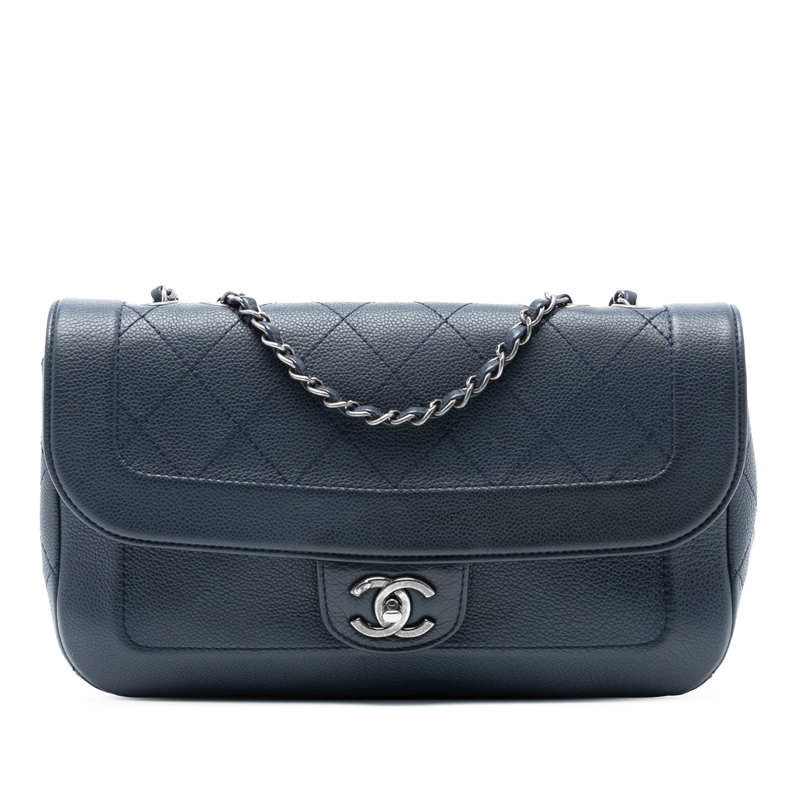 Blue Chanel Caviar Leather Diamond Stitch Flap Bag with Chain Strap: Blue Chanel Caviar Leather Diamond Stitch Flap Bag with Chain Strap This Chanel CC Diamond Stitch Caviar Flap bag features a quilted caviar leather body in blue, a leather-woven chain strap, and a fro