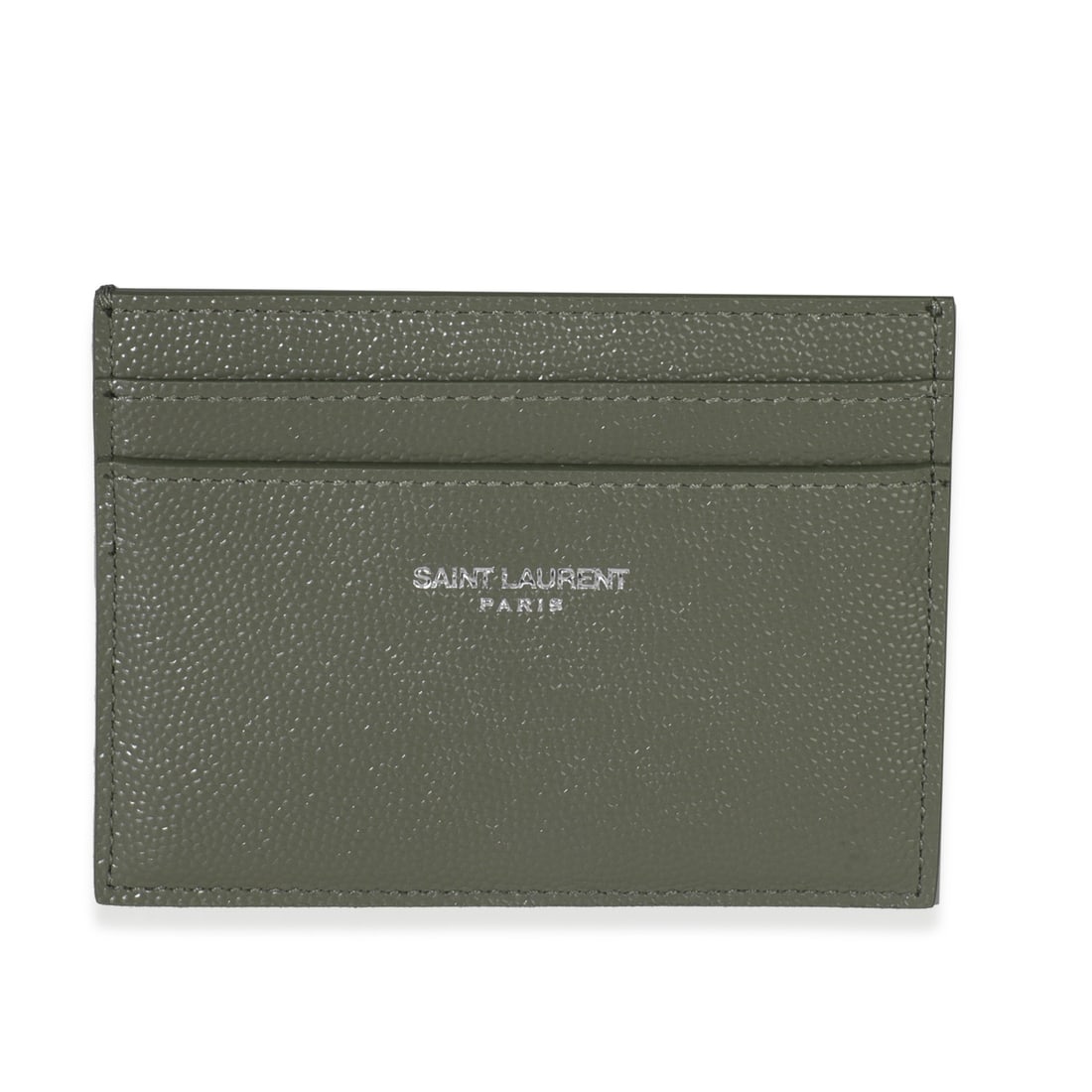 Saint Laurent Green Leather Credit Card Holder Grain De Poudre: Saint Laurent Green Leather Credit Card Holder Grain De Poudre This Saint Laurent Grain De Poudre credit card case features a light khaki green leather exterior with a black leather lining. The open t