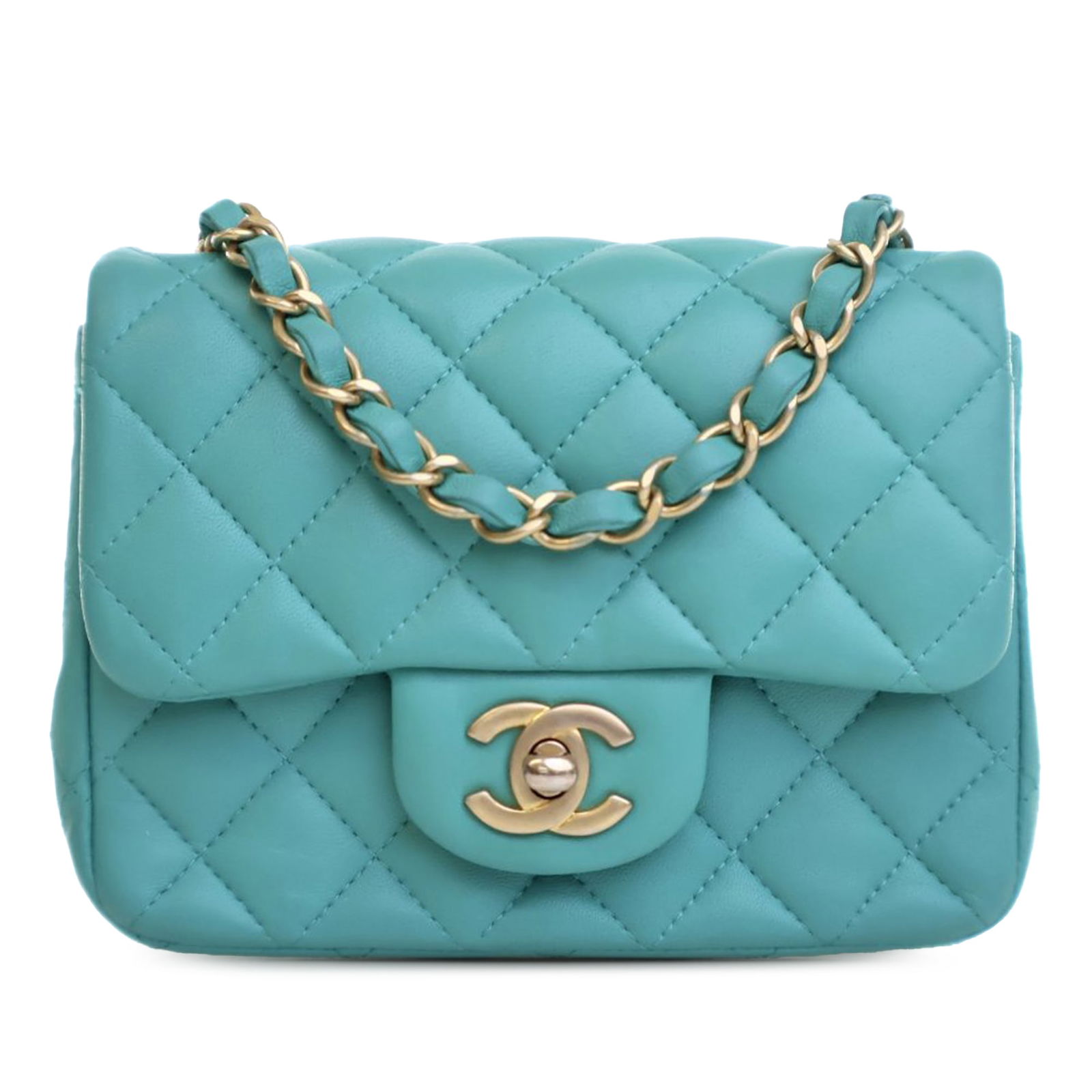 Chanel Mini Square Classic Blue Lambskin Flap Bag: Chanel Mini Square Classic Blue Lambskin Flap Bag Elevate your accessory collection with this Chanel Mini Square Classic Lambskin Single Flap crossbody bag. Crafted from high-quality quilted lambskin