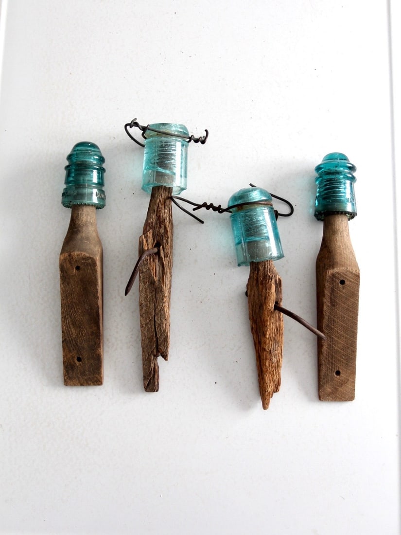 Rustic Vintage Wood Posts with Glass Insulators Set of 4 (1 of 10)