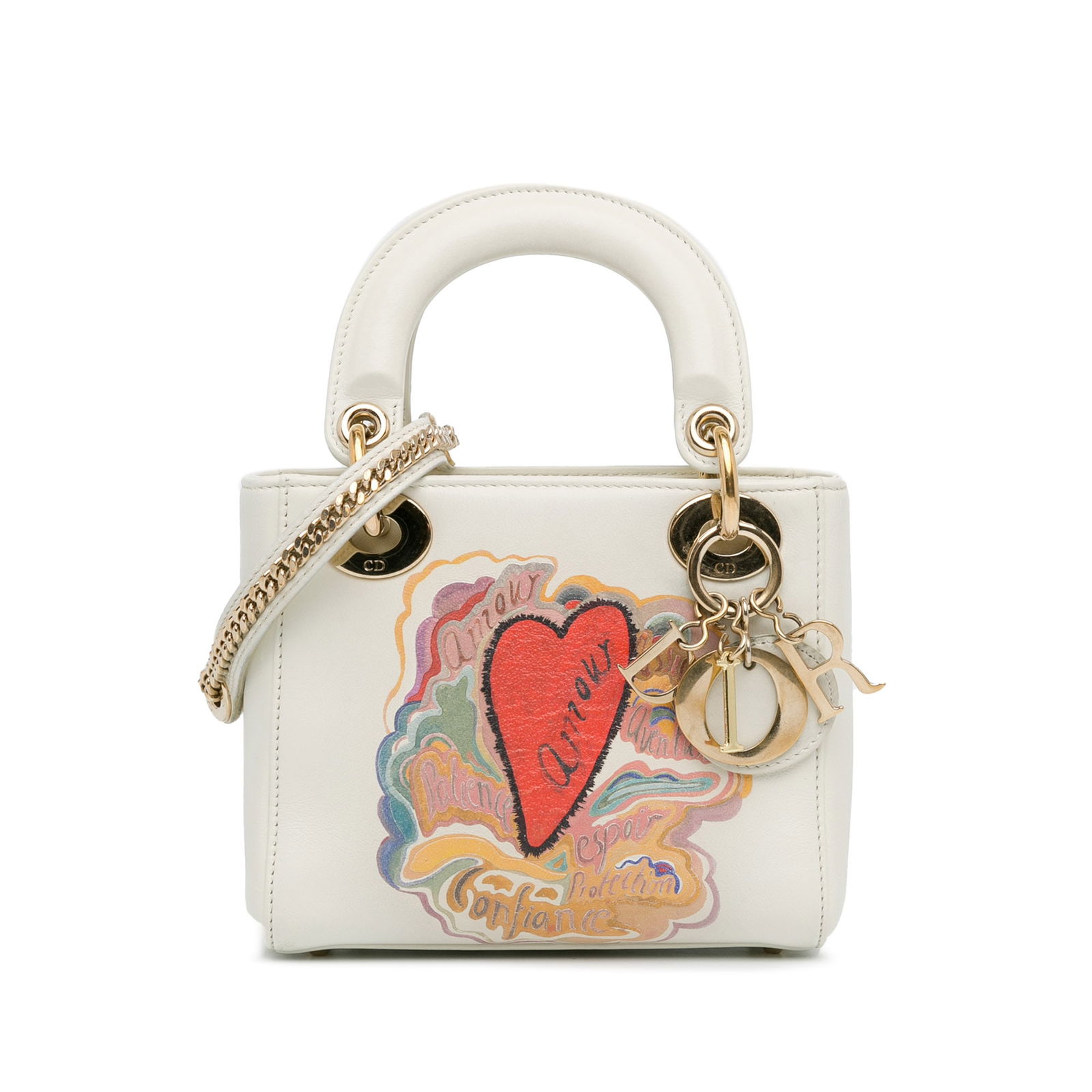 Dior Niki De Saint Phalle Mini Calfskin Lady Dior Satchel White: Dior Niki De Saint Phalle Mini Calfskin Lady Dior Satchel White The Niki De Saint Phalle Mini Calfskin Dioramour Lady Dior is a chic satchel that showcases a unique leather body adorned with painted d