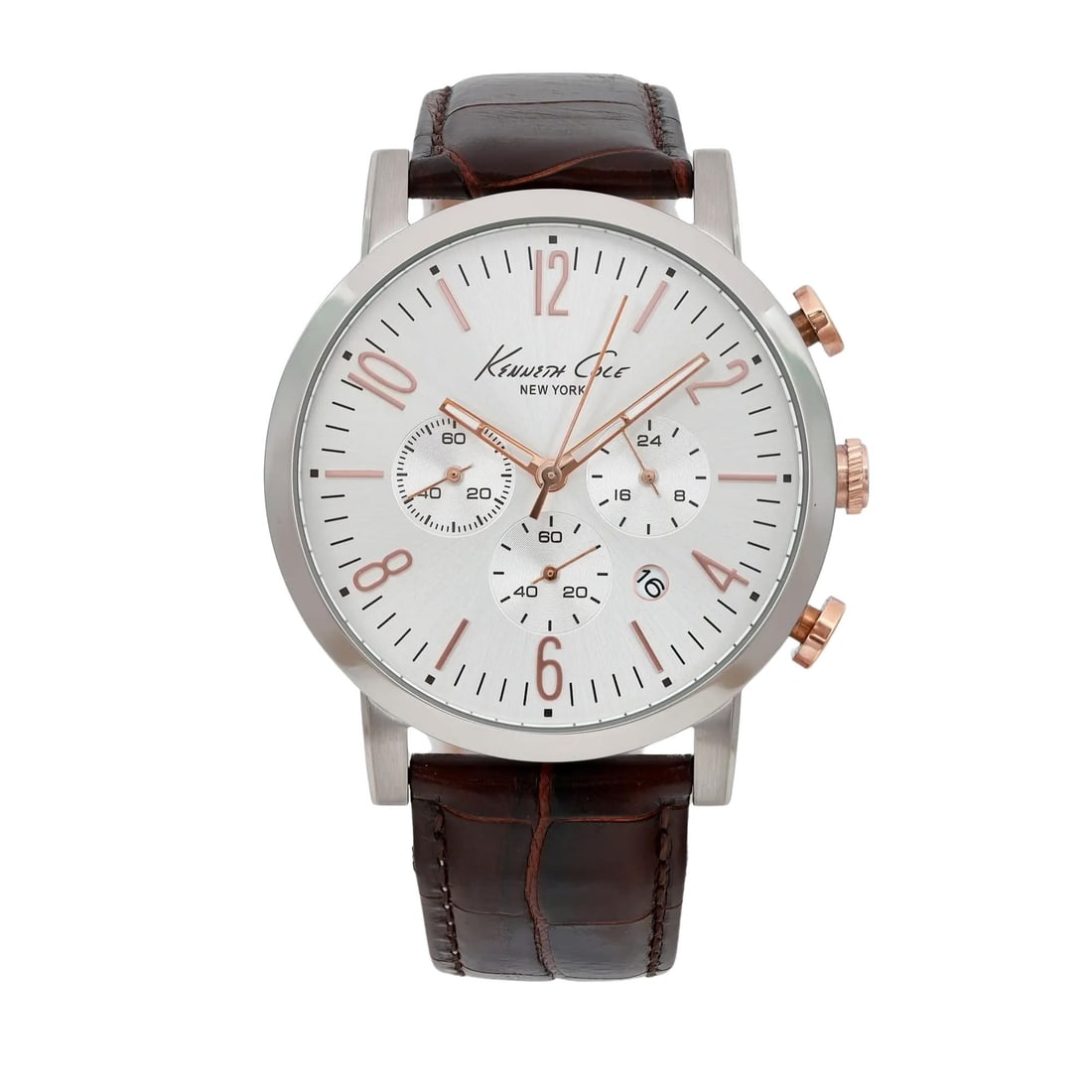 Kenneth Cole KC10020827 44mm Steel Chronograph Quartz Watch Silver Dial: Kenneth Cole KC10020827 44mm Steel Chronograph Quartz Watch Silver Dial This Kenneth Cole wristwatch features a sleek 44mm stainless steel case with a polished finish and a striking silver sunburst di