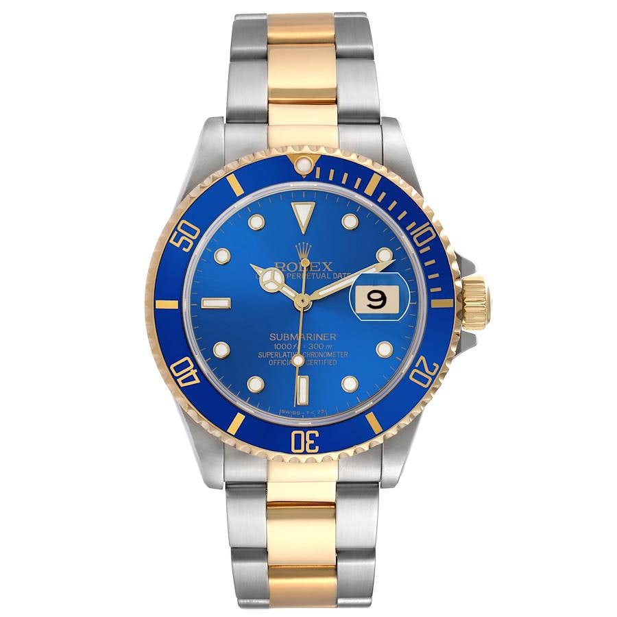 1994 Submariner Ref 16613 Blue Dial Oyster Bracelet Watch with Papers: 1994 Submariner Ref 16613 Blue Dial Oyster Bracelet Watch with Papers This is a men's Rolex Submariner watch, reference number 16613, featuring a blue dial and an aluminum bezel. The watch comes with