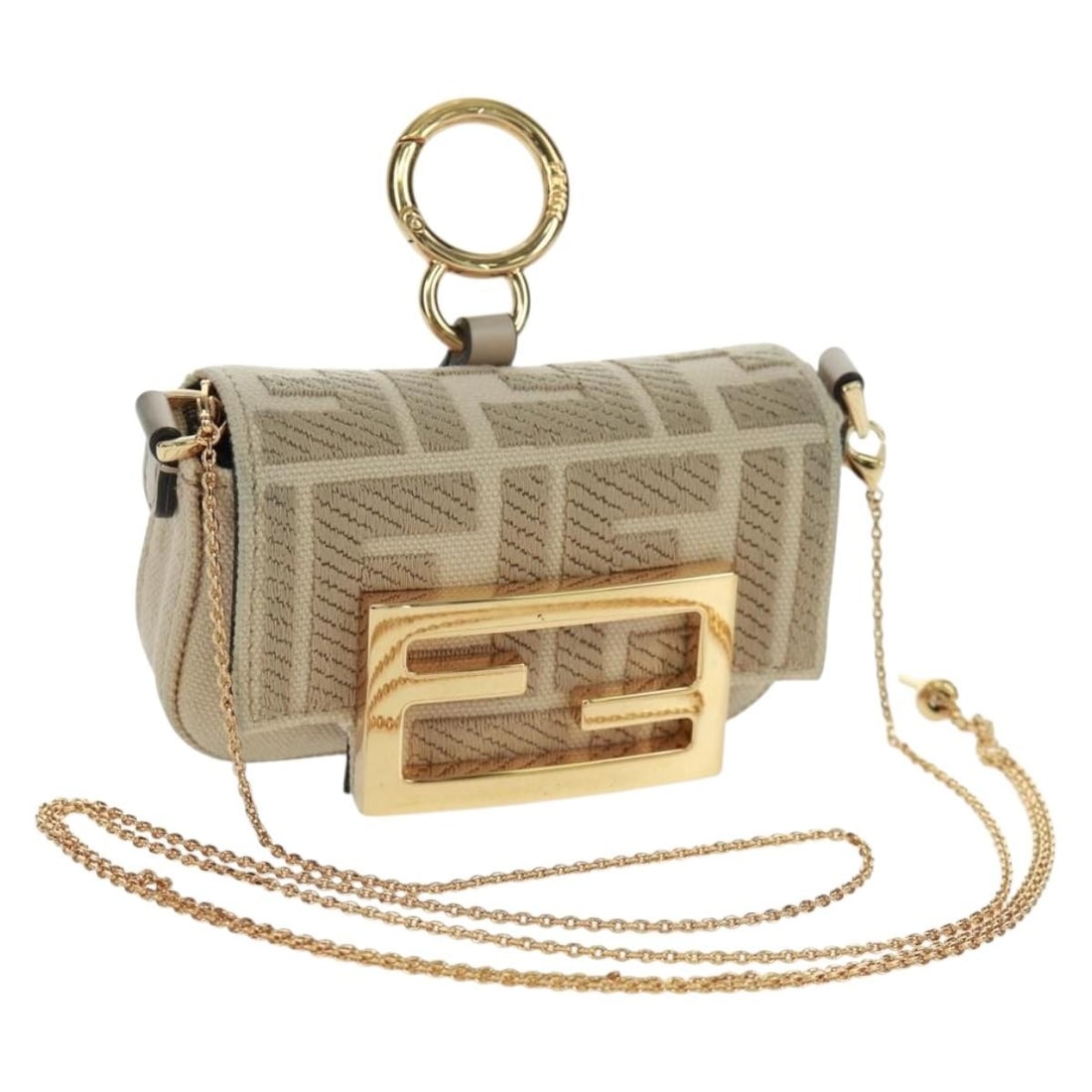 Zucca Canvas Nano Bucket Pouch Charm in Beige and Gold by Fendi: Zucca Canvas Nano Bucket Pouch Charm in Beige and Gold by Fendi This FENDI Nano Bucket Charm Pouch features the signature Zucca canvas in beige and gold tones. Compact and stylish, it is crafted in It