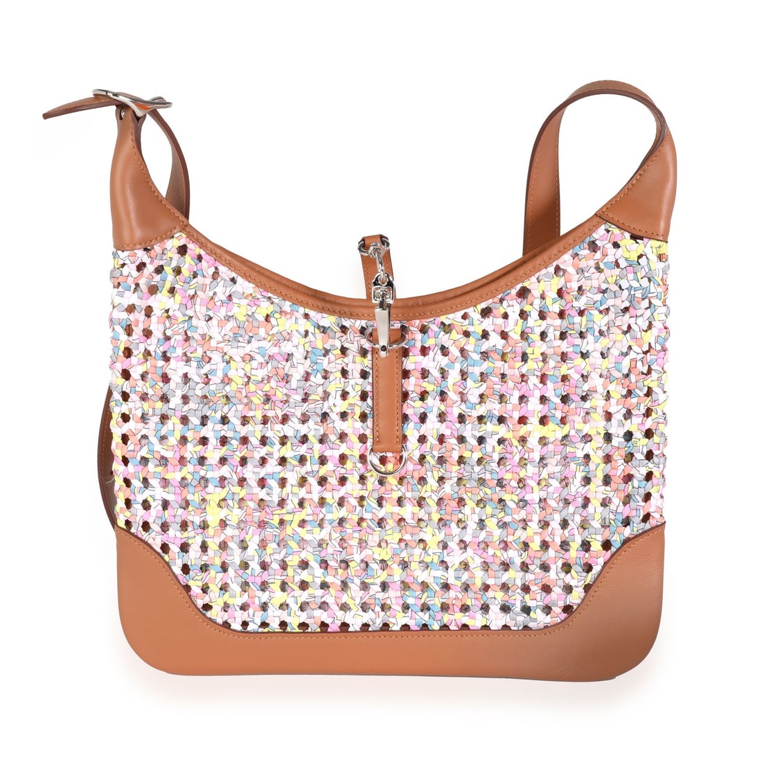 Hermes Silky Trim 31 Multicolor Rose Sakura Gold Swift Crossbody Bag: Hermes Silky Trim 31 Multicolor Rose Sakura Gold Swift Crossbody Bag Introducing the exquisite Hermes Multicolor Rose Sakura Gold Swift Faubourg Rainbow Silky Trim 31 shoulder bag. This elegant handba