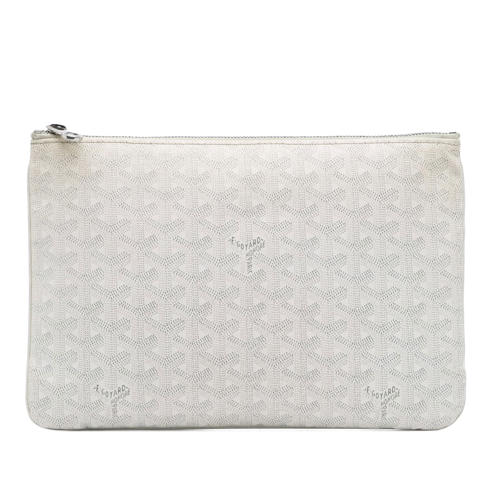 Goyard Goyardine Senat MM White Coated Canvas Bag: Goyard Goyardine Senat MM White Coated Canvas Bag The Goyardine Senat MM is a stylish bag crafted from coated canvas, featuring a secure top zip closure. This French-made bag is designed in a timeless